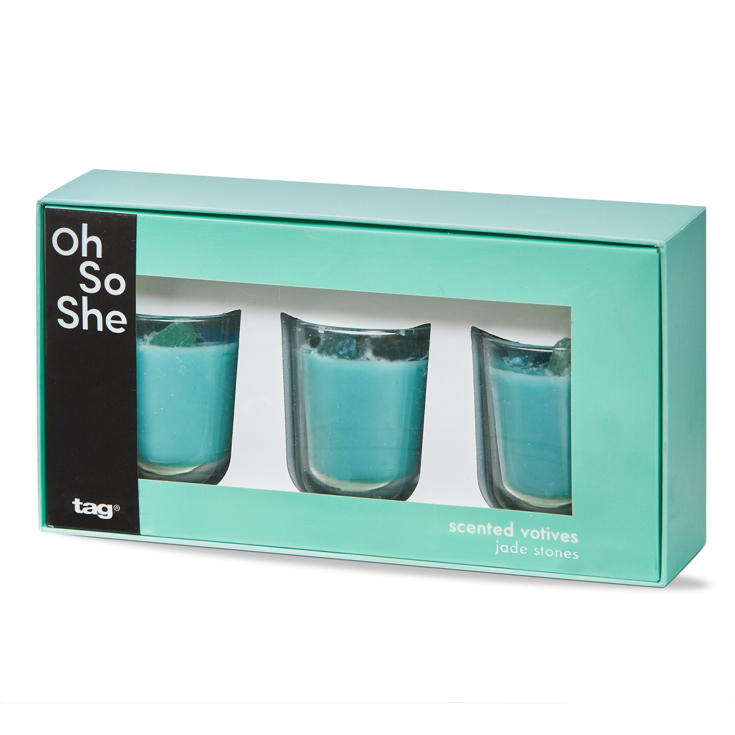 Scented Votive Candles Jade Stones Set of 3 Aqua Glass Everyday Burn Time 7 hrs