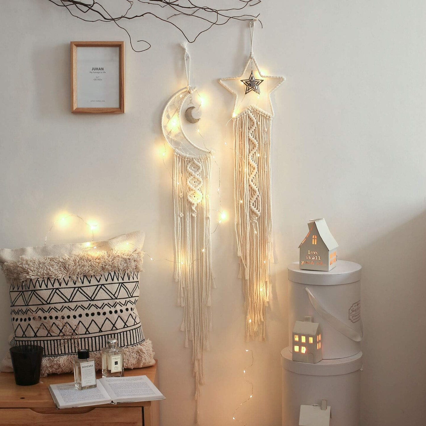 Boho Macrame Woven Wall Hanging Dream Catcher, Crochet Crescent Moon Star Dream Catcher Set with Long Tassel-Cotton Cord Handmade Bohemian Home Ornament Decoration Art Craft Gift for Kids Bedroom