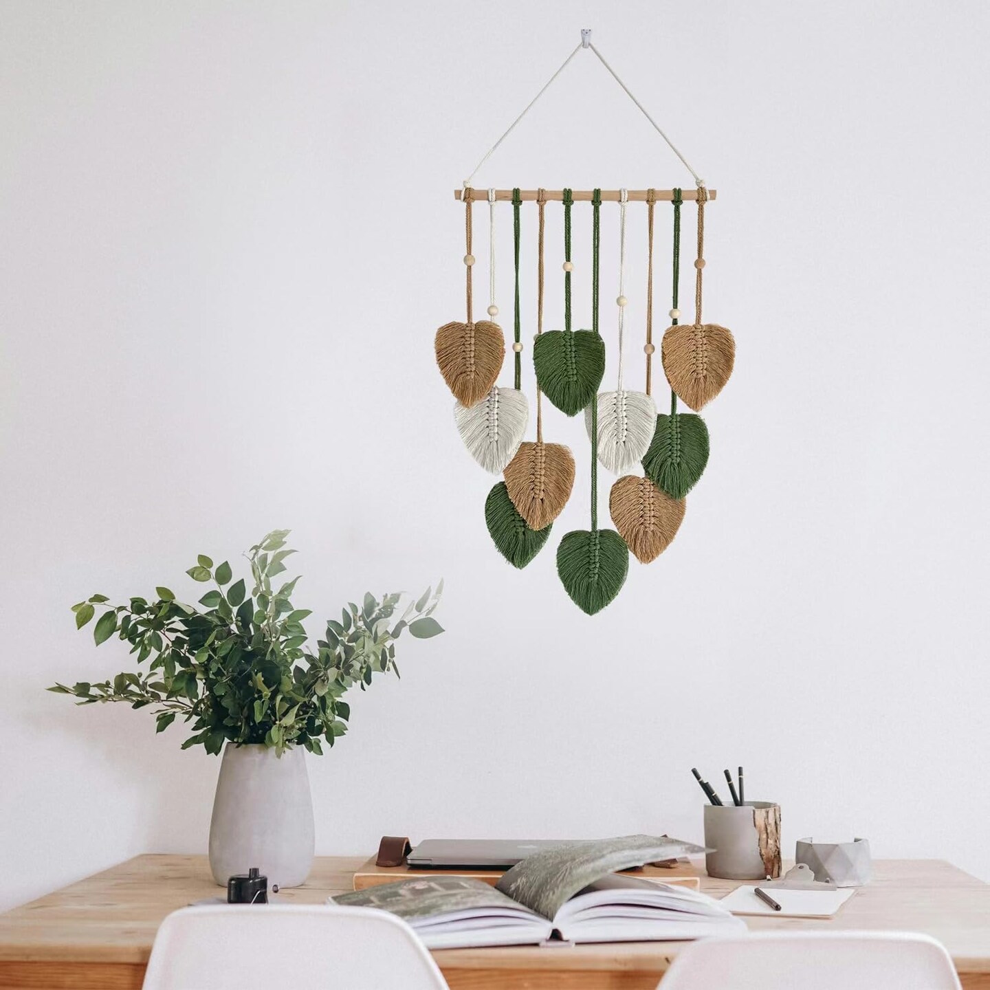 Macrame Wall Hanging Nursery Decor Leaves Woven Tapestry Feather Handmade Yarn Tassels Boho Wall Decor Leaves Art Decorations for Nursery Bedroom Living Room Apartment Home Backdrop (Green)