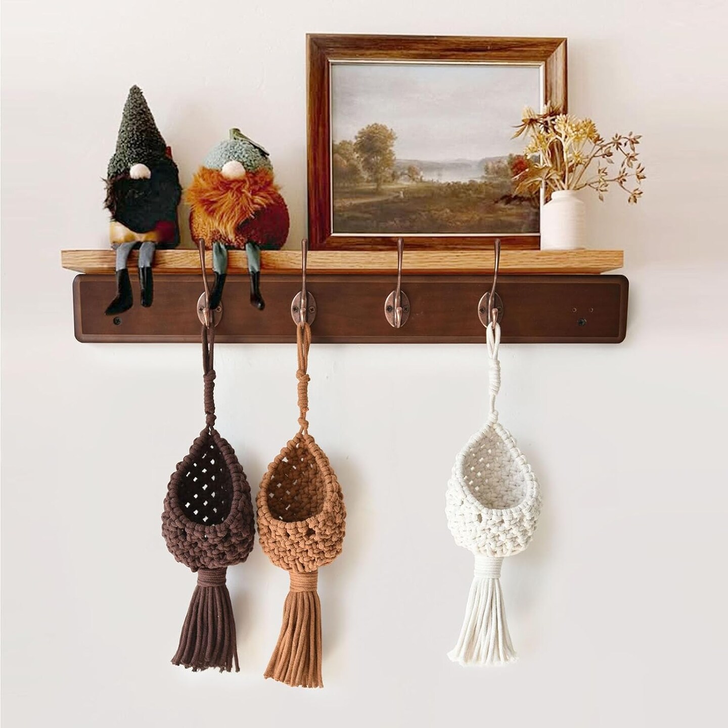 Macramé Basket Decor – Set of 3 Handmade Boho Wall Hanging Storage Baskets for Living Room, Bedroom, or Entryway, Rustic and Decorative Home Art