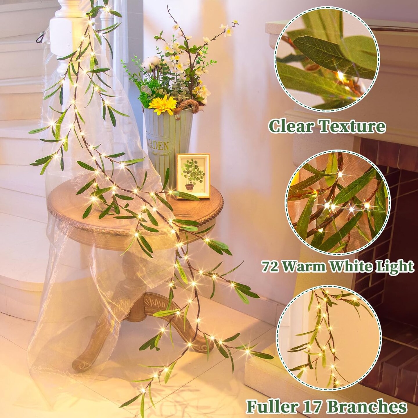 Lighted Artificial Olive Garland, 6FT LED Faux Greenery Vine Garland Lights Battery Operated