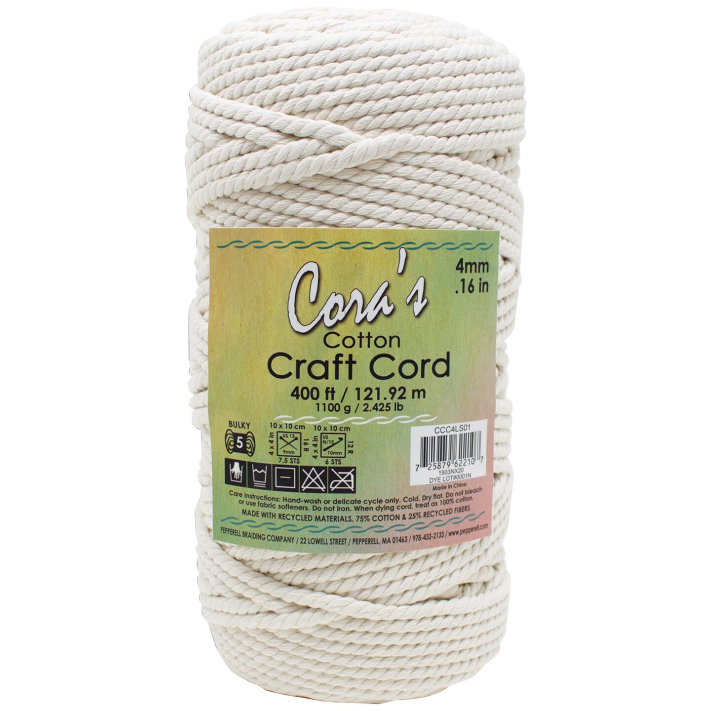 Cora&#x27;s Cotton Craft Cord 4mmX400ft-Natural