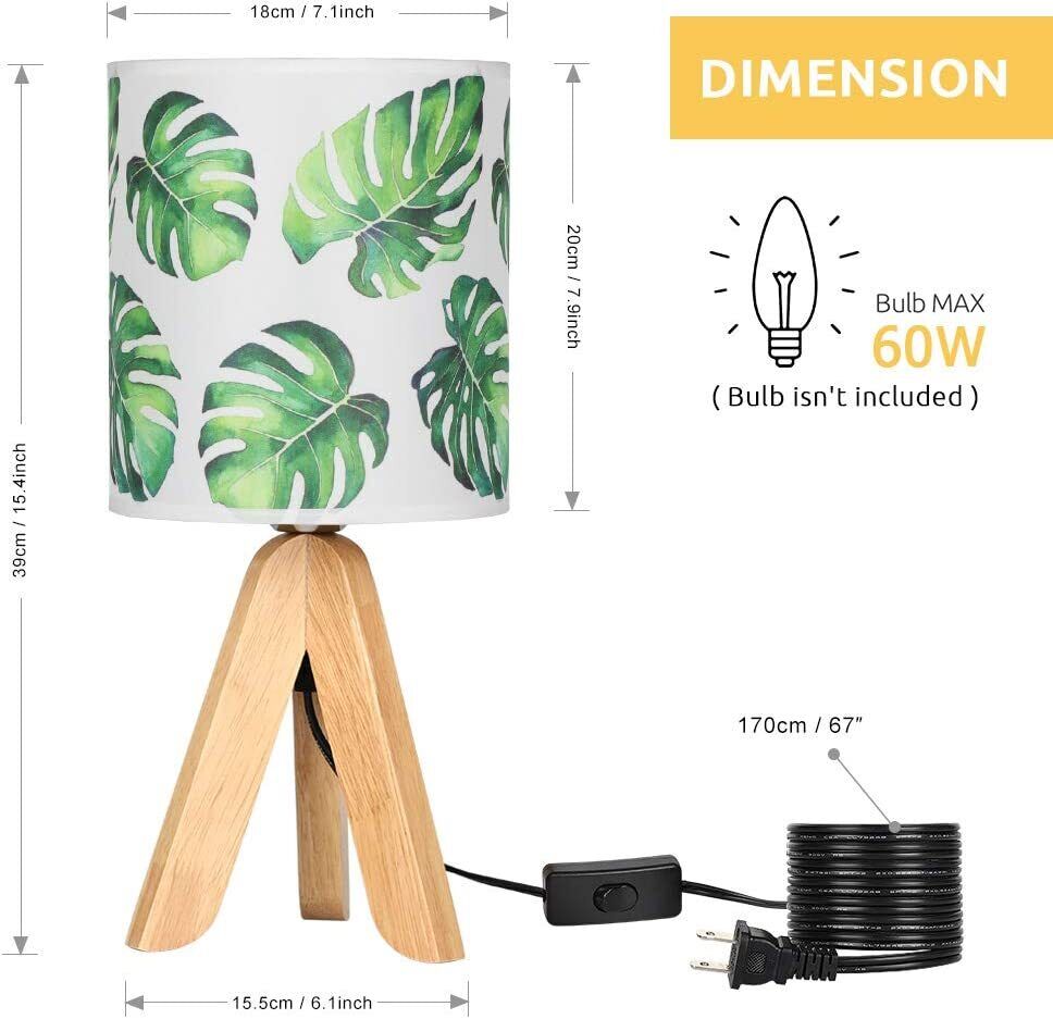 Small Tripod Table Lamp with Wooden Base - Modern Mini Nightstand Light for Bedroom, Desk, Nursery (Leaf Pattern Shade, UL-Listed)