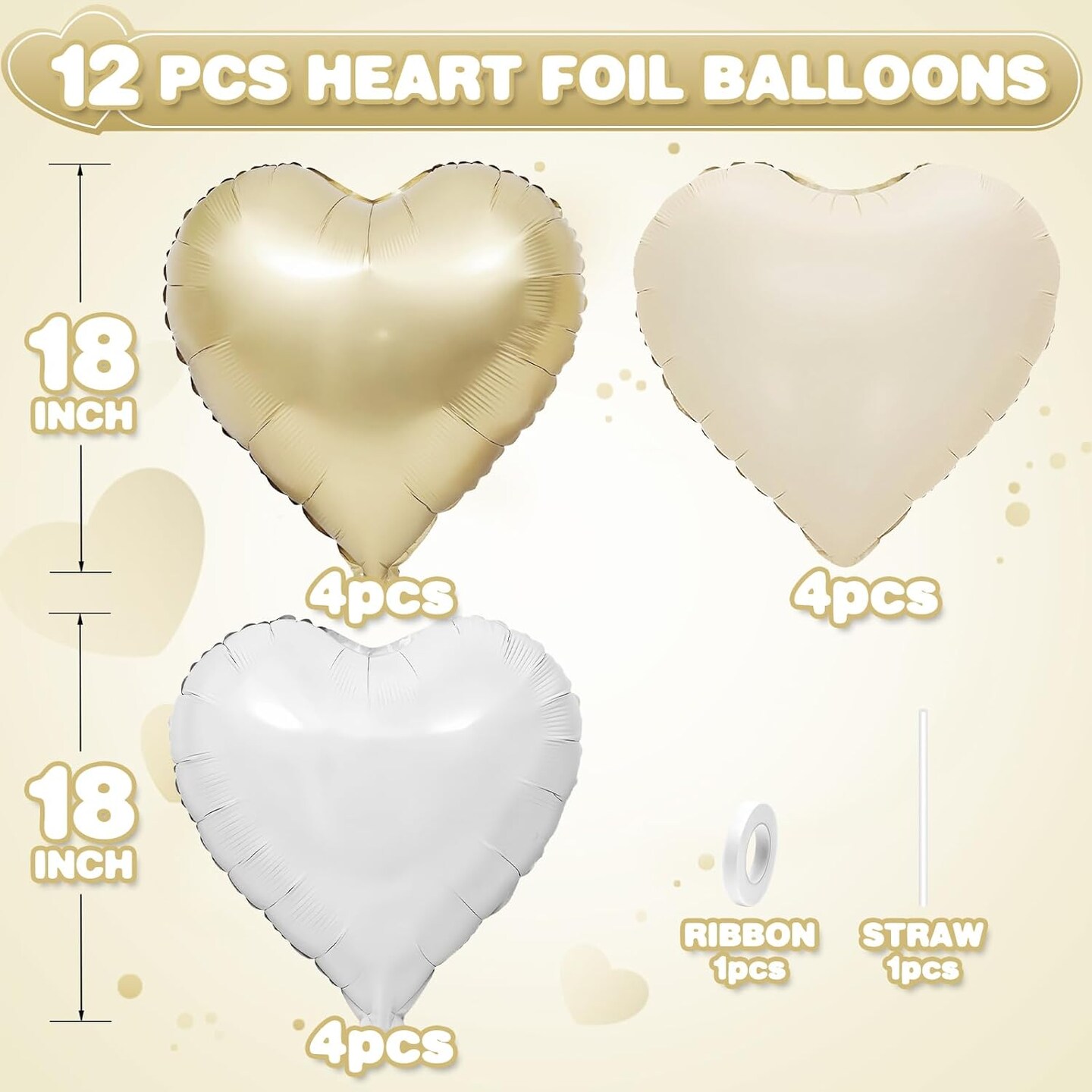 Cream White Heart Balloons,12Pcs Sand White Gold Heart Shaped Foil Balloons,18Inch Beige Helium Mylar Balloon for Boho Baby Shower Birthday Bridal Shower Wedding Party Decorations