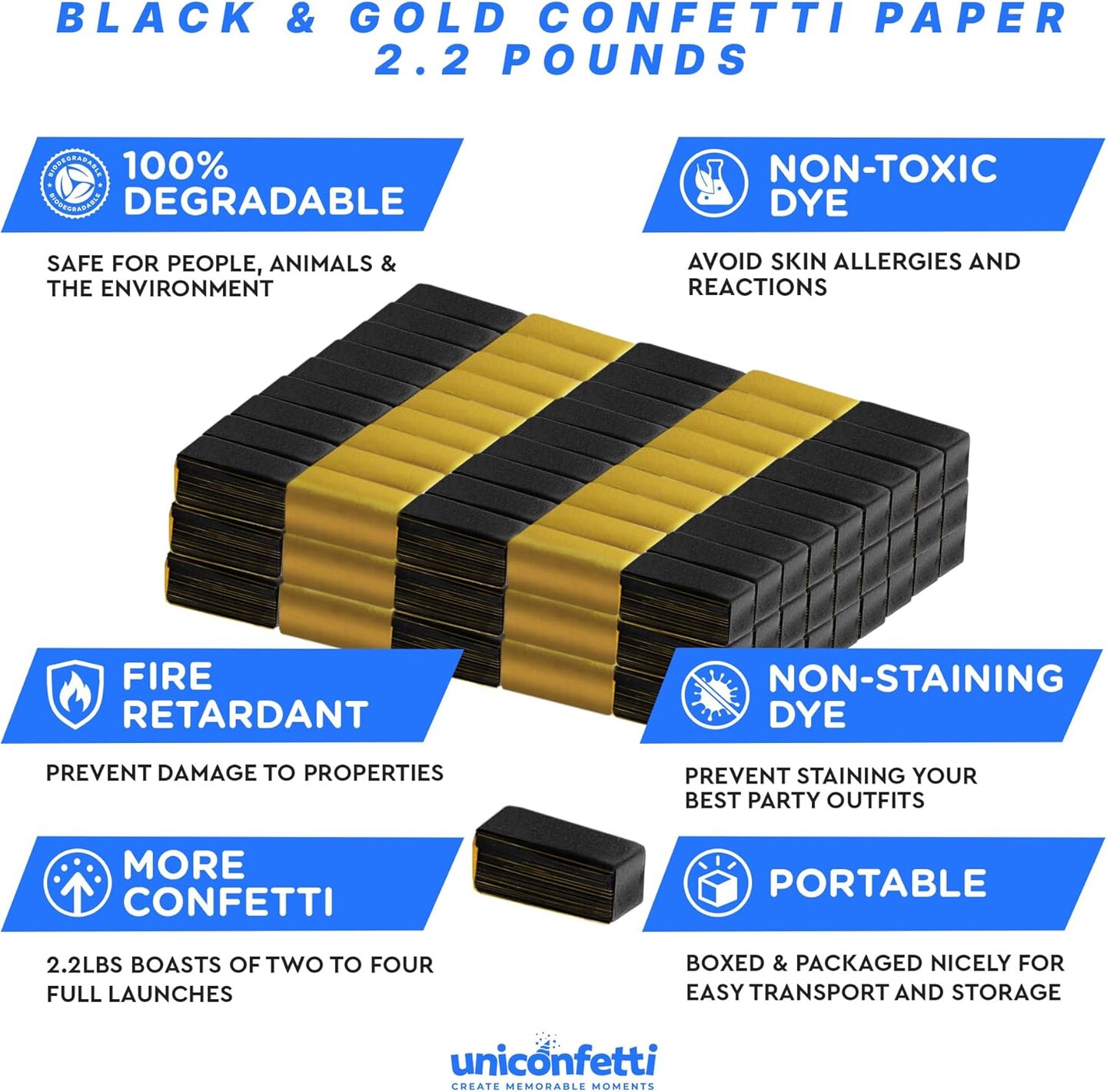 BLACK &#x26; GOLD Confetti Paper - BULK 2.2lbs | 1kg, Biodegradable Tissue Paper, Rainbow Light Weight, Non-Staining Paper, for Events, Crafts, Decorations