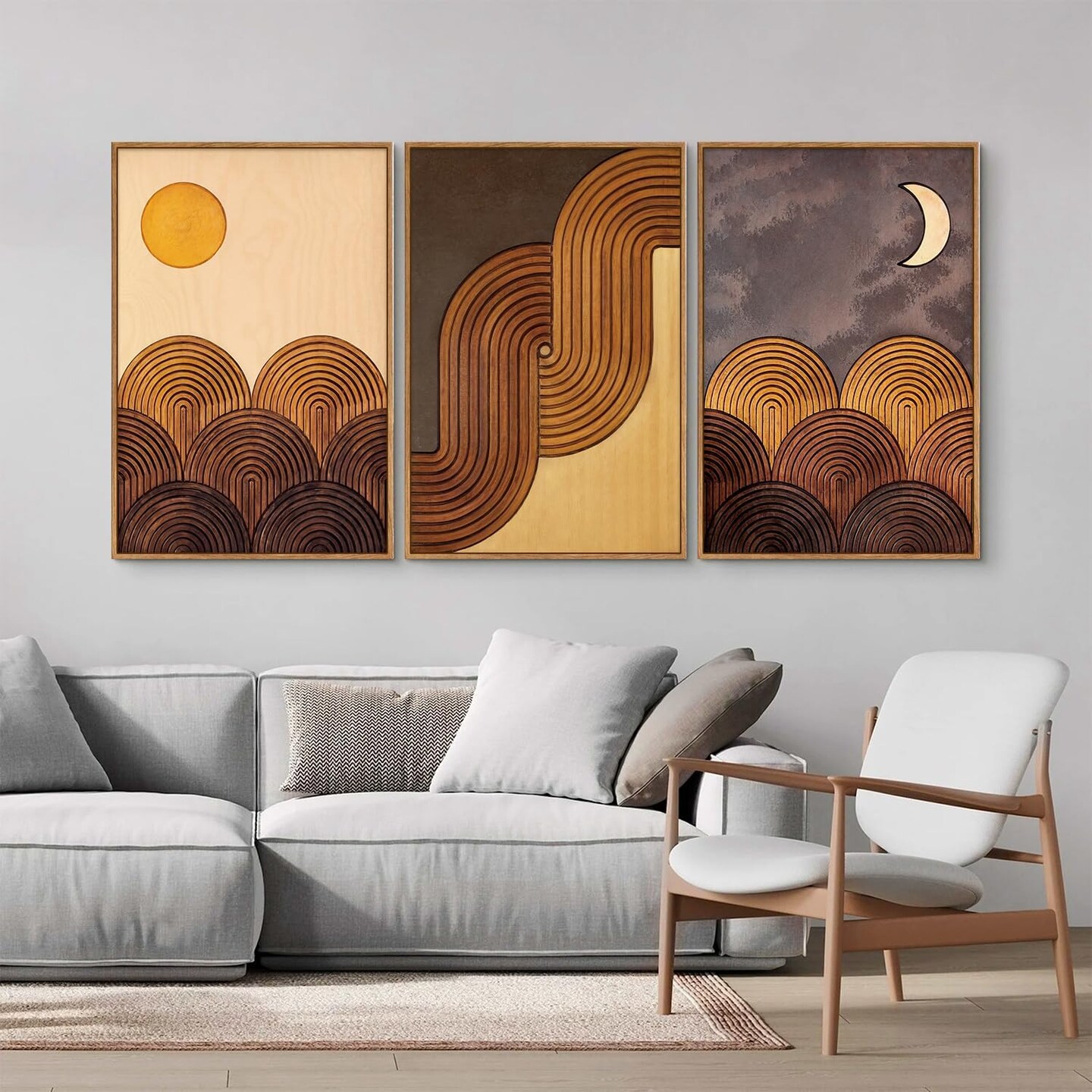 Summer Boho Mountain Framed Canvas Wall Art Set, Mid Century Modern Geometric Line Wall Decor, Bohemian Sun and Moon Art Paintings, Beige Brown Wooden Artwork for Living Room Bedroom Office 16"x24"x3