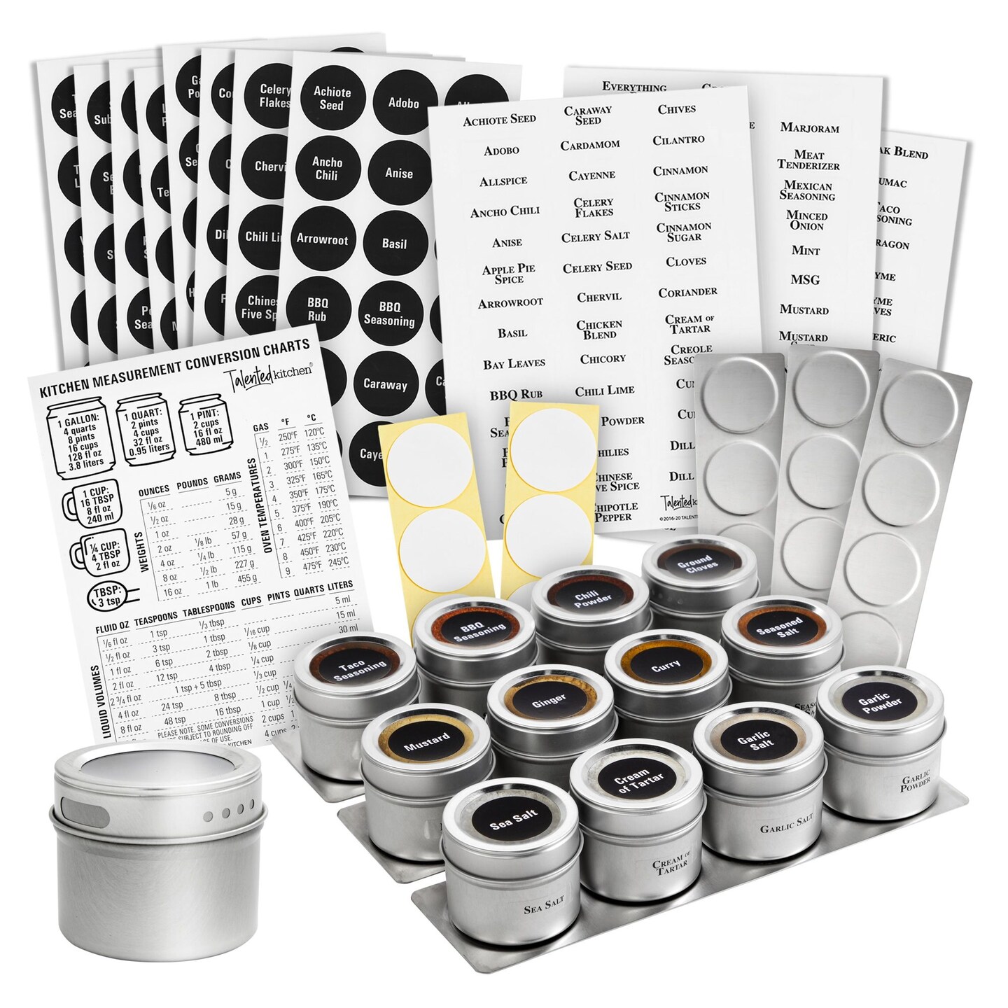 Talented Kitchen 12 Magnetic Spice Jars for Refrigerator with 3 Metal Wall Bases, 269 Preprinted Seasoning Labels, 2 Styles, 1 Cooking Conversion Chart, for 3 oz Containers