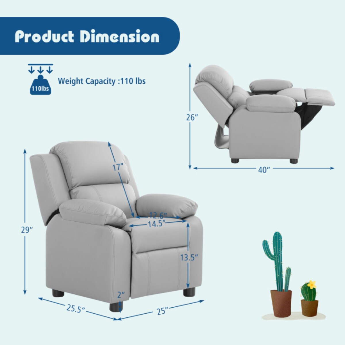 Kids Headrest Recliner Sofa Chair Hardwood, PU, Comfortable