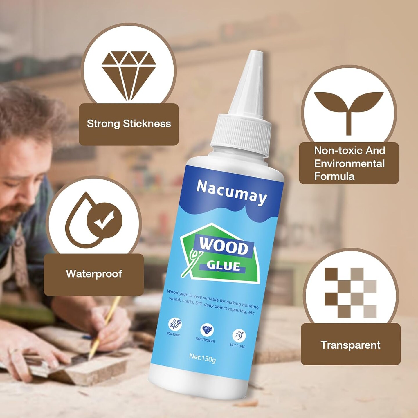 Wood Glue, Wood Glue for Furniture Heavy Duty - Strongest Wood Glue for Woodworking Waterproof Repair Glue Suitable for Furniture, Garden, Crafts, DIY, Metal to Wood&#xFF0C;Wood to Wood (150g/5.1oz)
