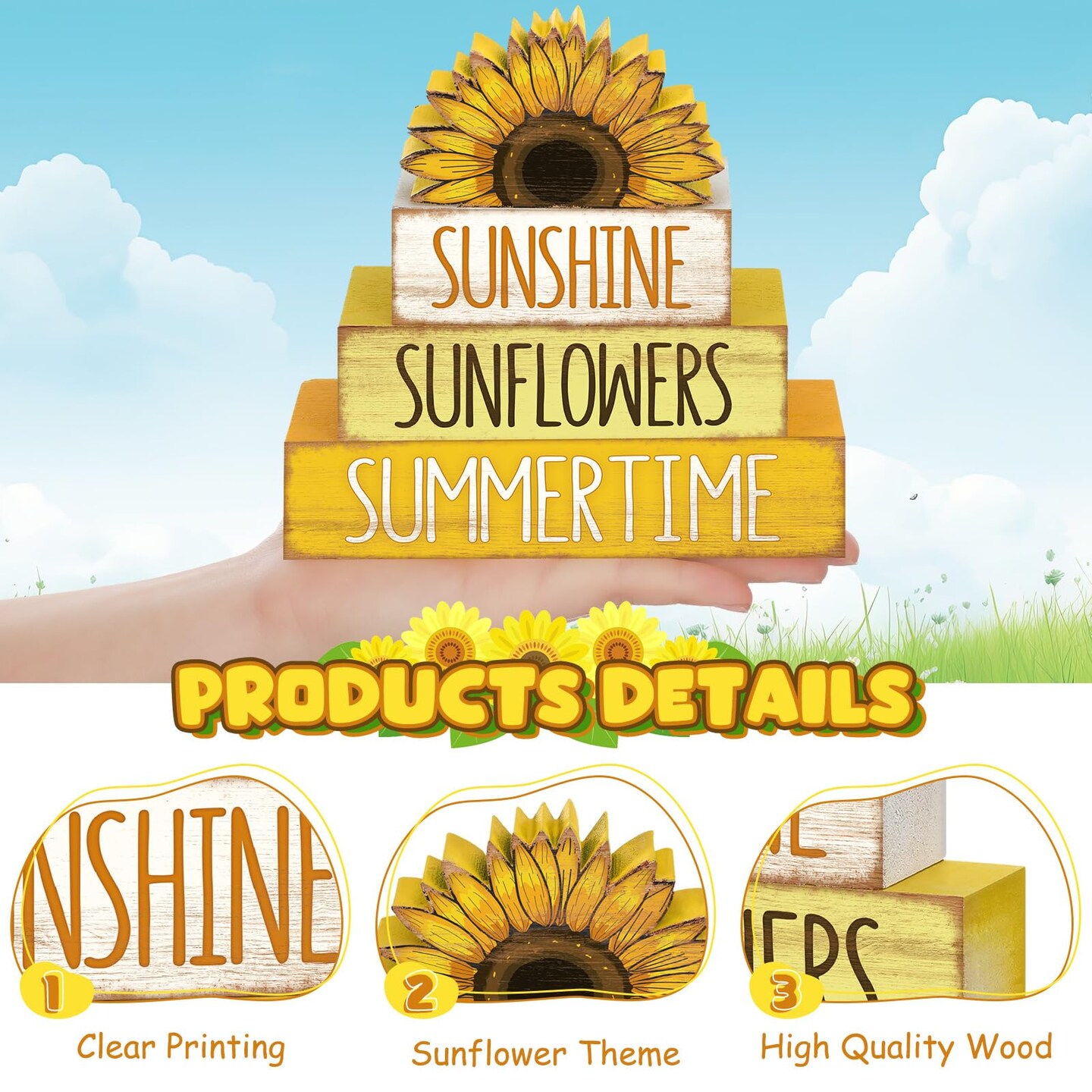 4 Pcs Summer Wooden Tiered Tray Decor Farmhouse Rustic Table Decor Books Stack Block Signs for Table &#x26; Home Office Decorations(Sunflower Style)