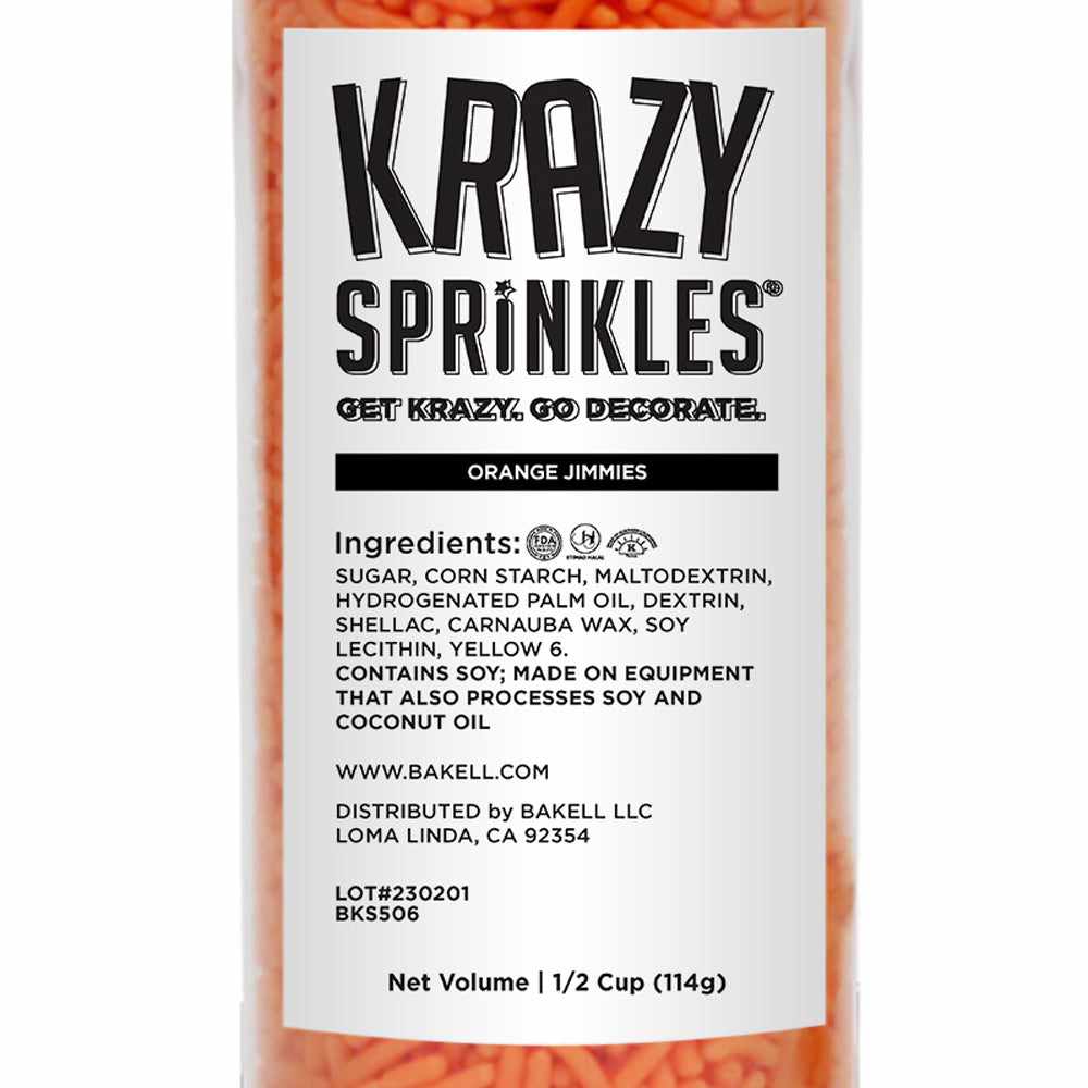 Krazy Sprinkles - Orange Jimmies (1/2 Cup, 1x Jar) for Cakes, Ice Cream &#x26; Cookies