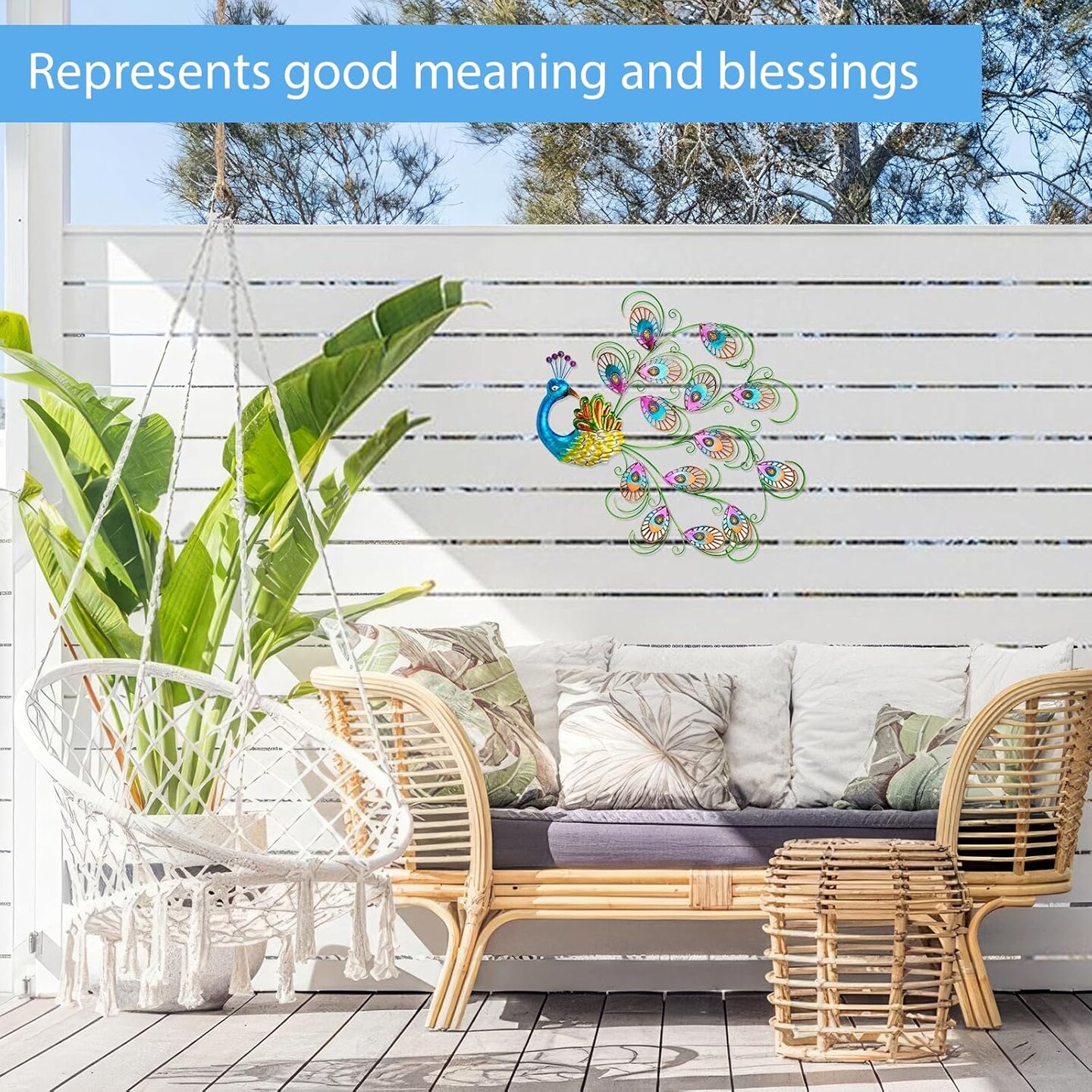 Summer Metal Wall Art Decor, 20'' W x 19'' H Peacock Wall Hanging Decor & Wall Sculpture, Large Wall Decor for Patio, Fence, Garden, Home Decor (Blue)