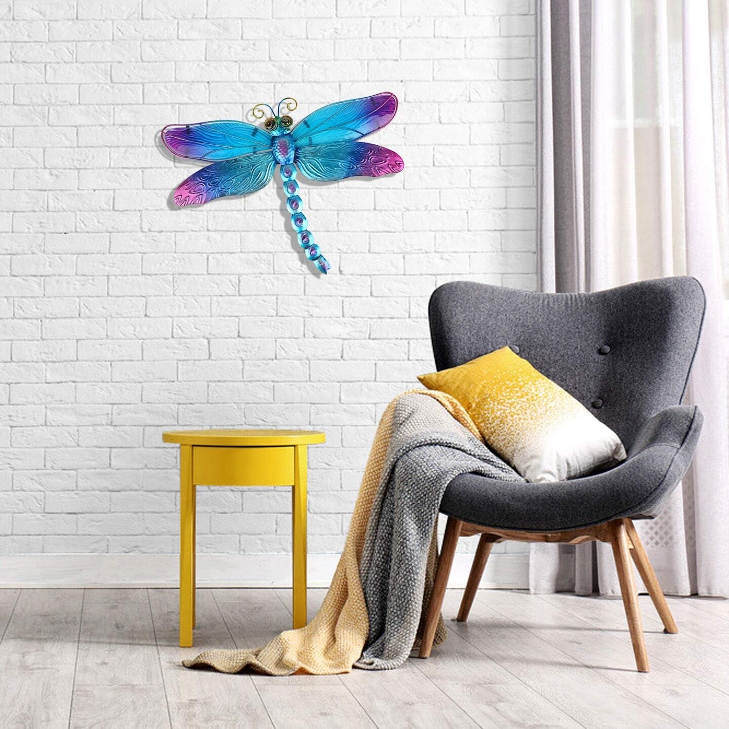 Summer Metal Dragonfly Wall Decor Bathroom Glass Art Iron Sculpture Outdoor Orange Hanging Decoration for Home Bedroom Garden Patio Porch or Fence - Blue