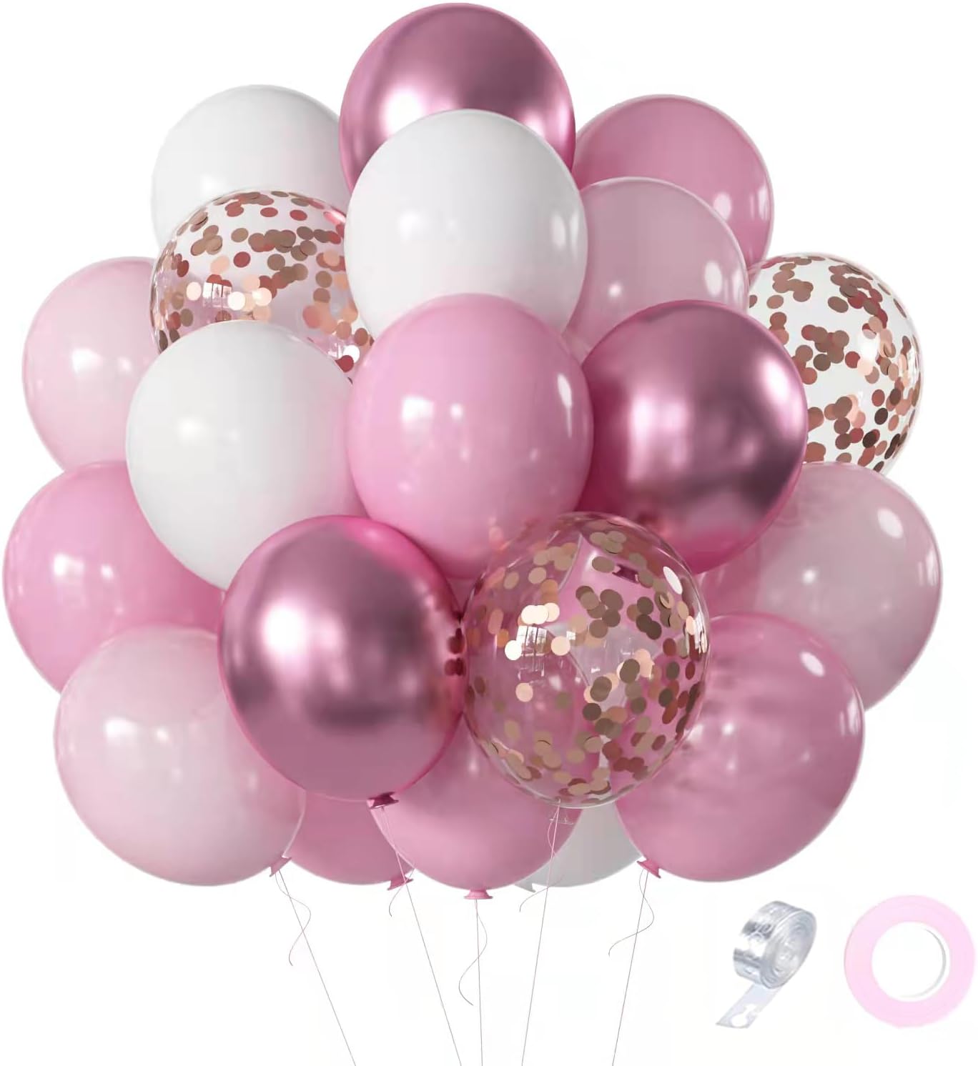 60PCS Pink, White & Rose Gold Party Balloon Kit – 12 Inch Latex Balloons with Confetti, Chrome Rose, and Classic Pink & White Colors for Birthdays, Weddings, Graduations, and Elegant Event Decorations