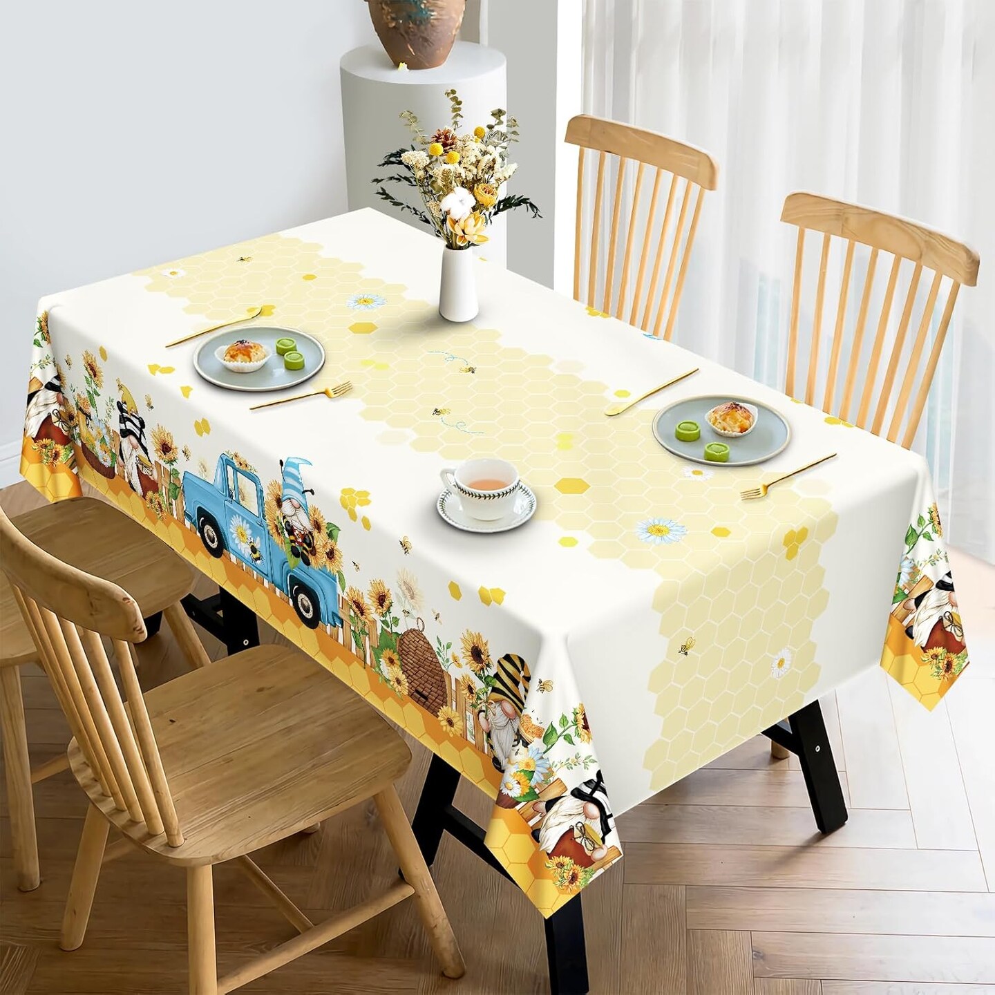 Sunflower Gnome Tablecloth Waterproof, Summer Table Cloth Rectangle Stain Resistant, Washable Bee Table Cover for Home Kitchen Dining Party Decoration (60&#xD7;84 Inch)
