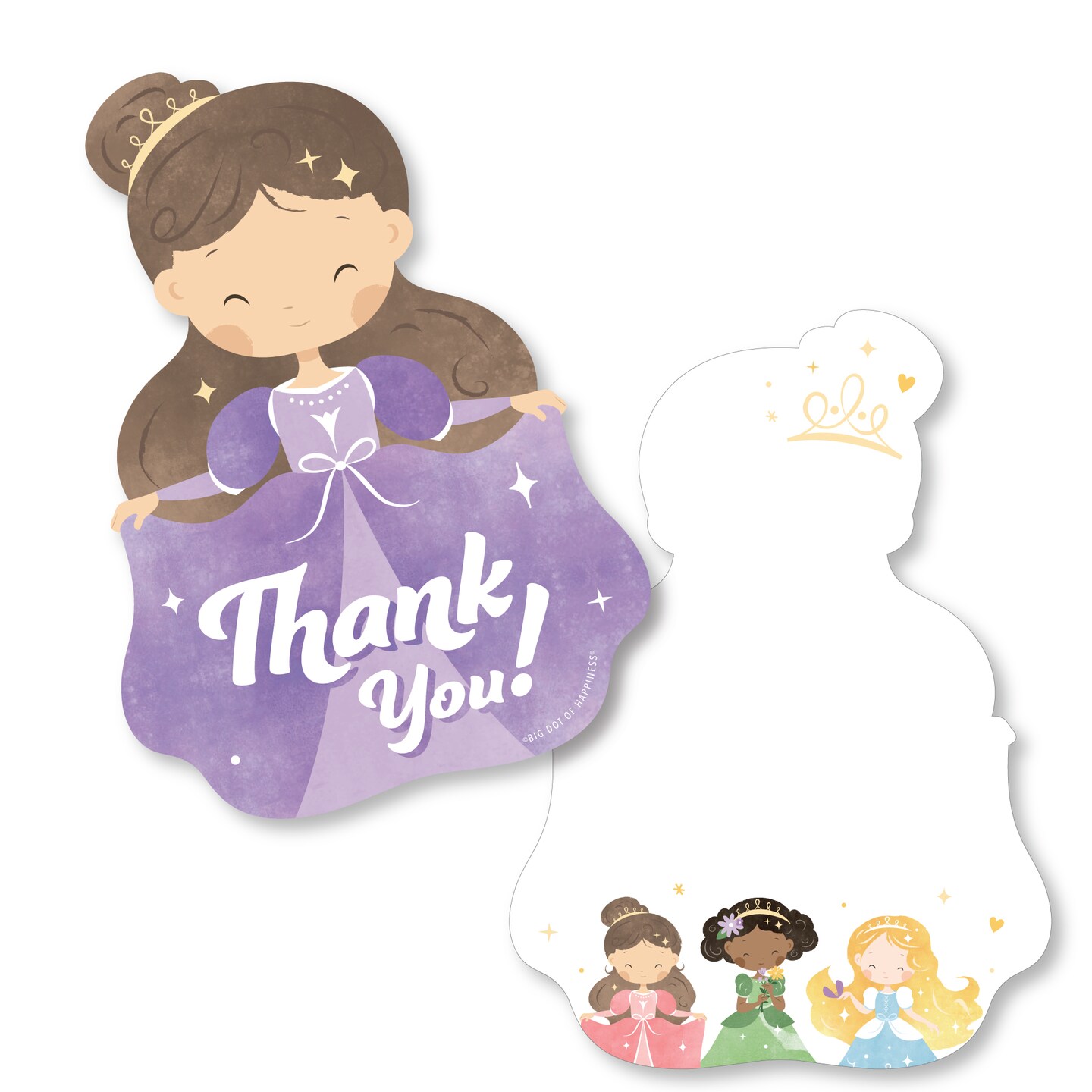 Big Dot of Happiness Princess Thank You Cards with Envelopes, Purple Flat Princess Birthday Party Blank Thank You Note Cards, Set of 12