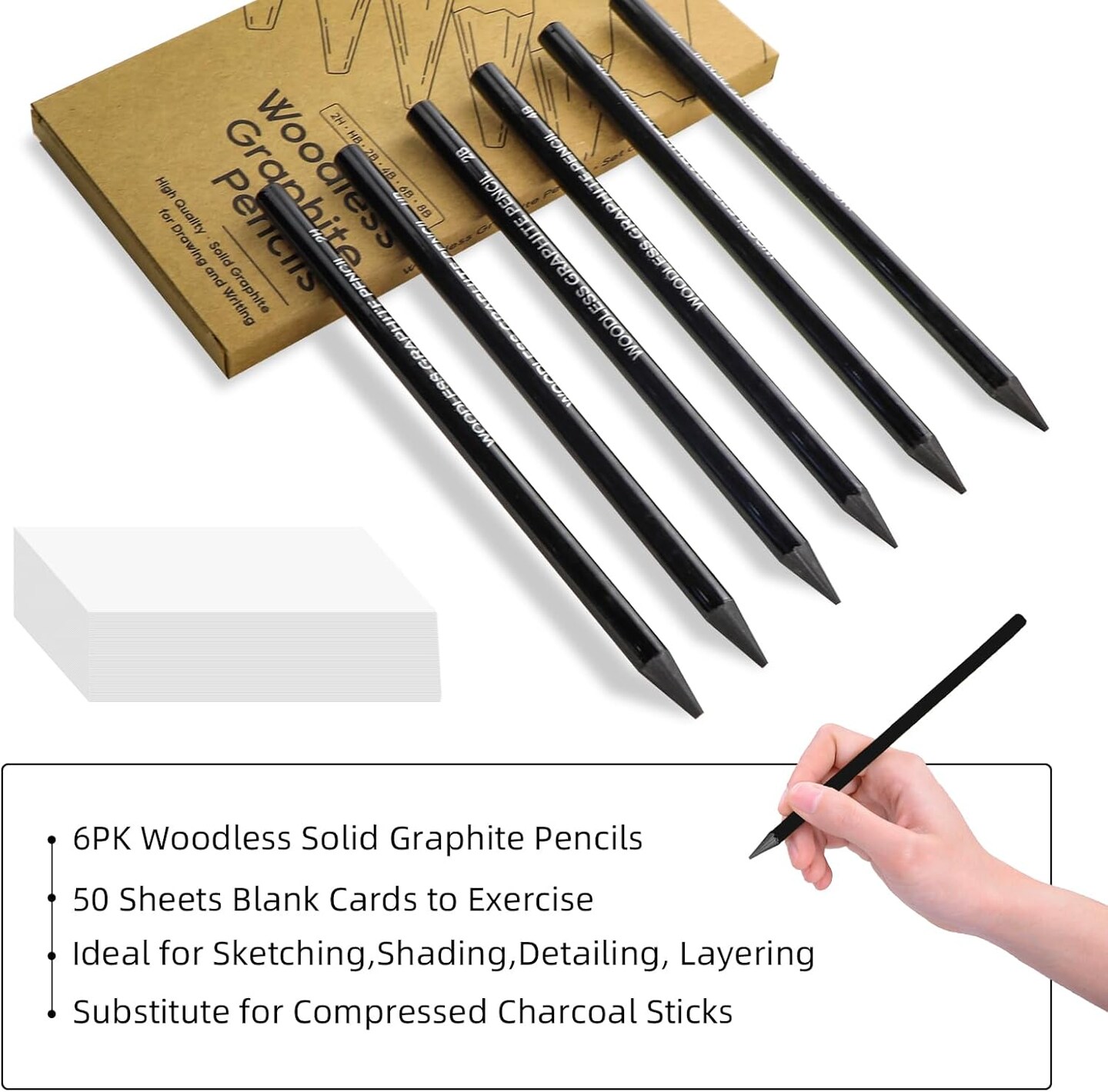 Woodless Graphite Drawing Pencils Set,6 Black Lead Pre-Sharpened 2H HB, 2B, 4B, 6B 8B Degrees Coloring Pencils, 50PK Blank Watercolor Card for Sketching,Writing,Shading