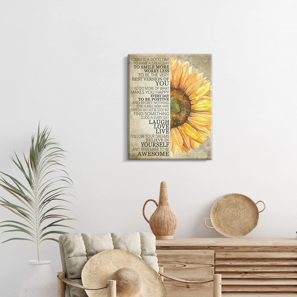 Summer Sunflower Wall Decor Inspirational Quotes Canvas Wall Art Rustic Farmhouse Sunflower Artwork for Bathroom Bedroom Office Kitchen Framed Ready To Hang (12 X 15 inch, Yellow - Flower)