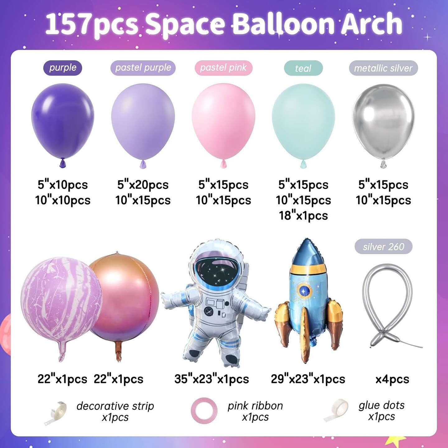 161pcs Space Balloons Arch Kit Outer Space Party Decorations with Space Astronaut Rocket Pink and Purple Balloons Space Themed Birthday Party Baby Shower Decorations
