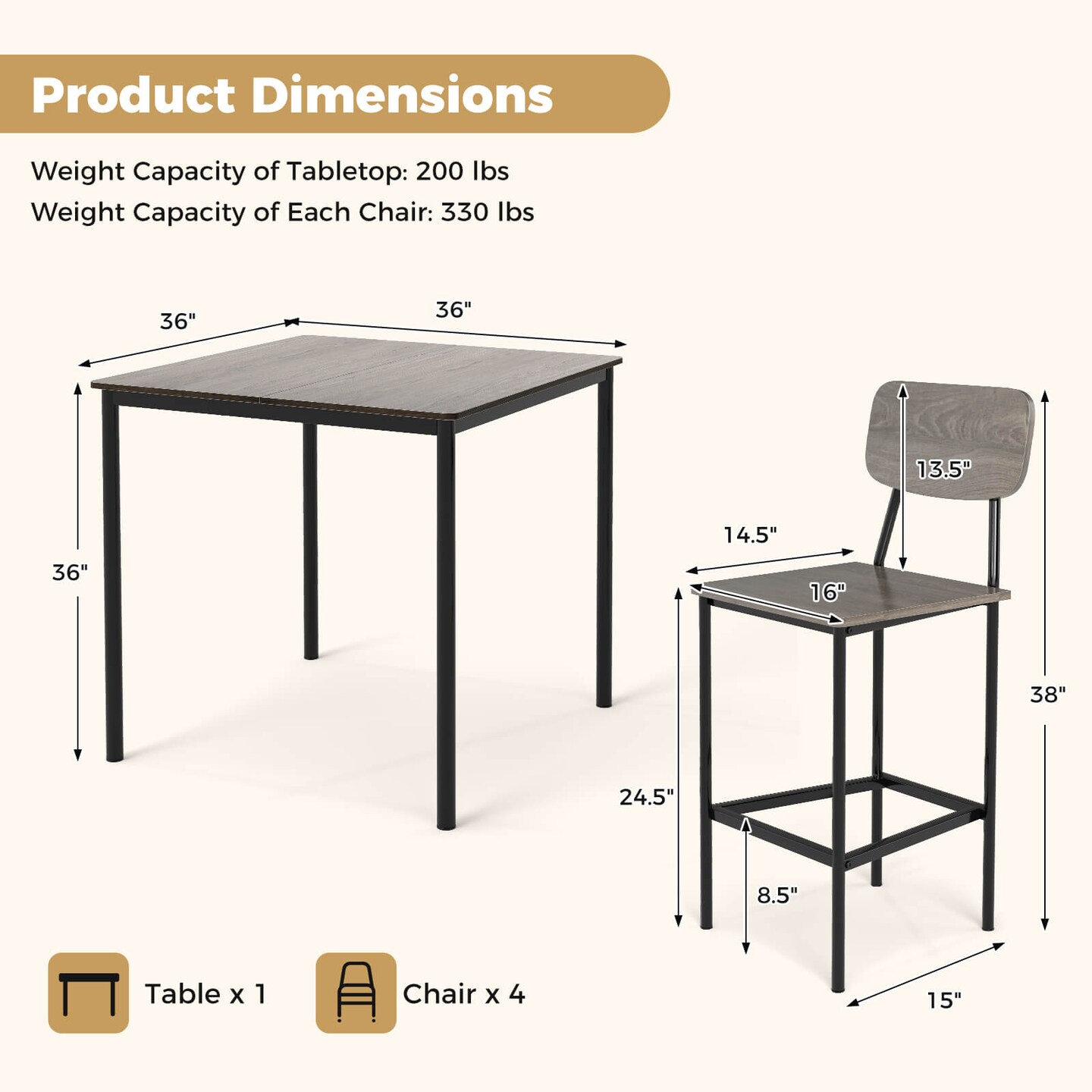 Costway 5-Piece Industrial Dining Table Set with Counter Height Table &#x26; 4 Bar Stools Black/Grey/Walnut