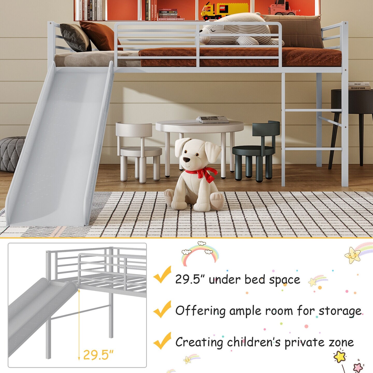 Twin Metal Loft Bed with Slide, Fun, Safe and Spacious