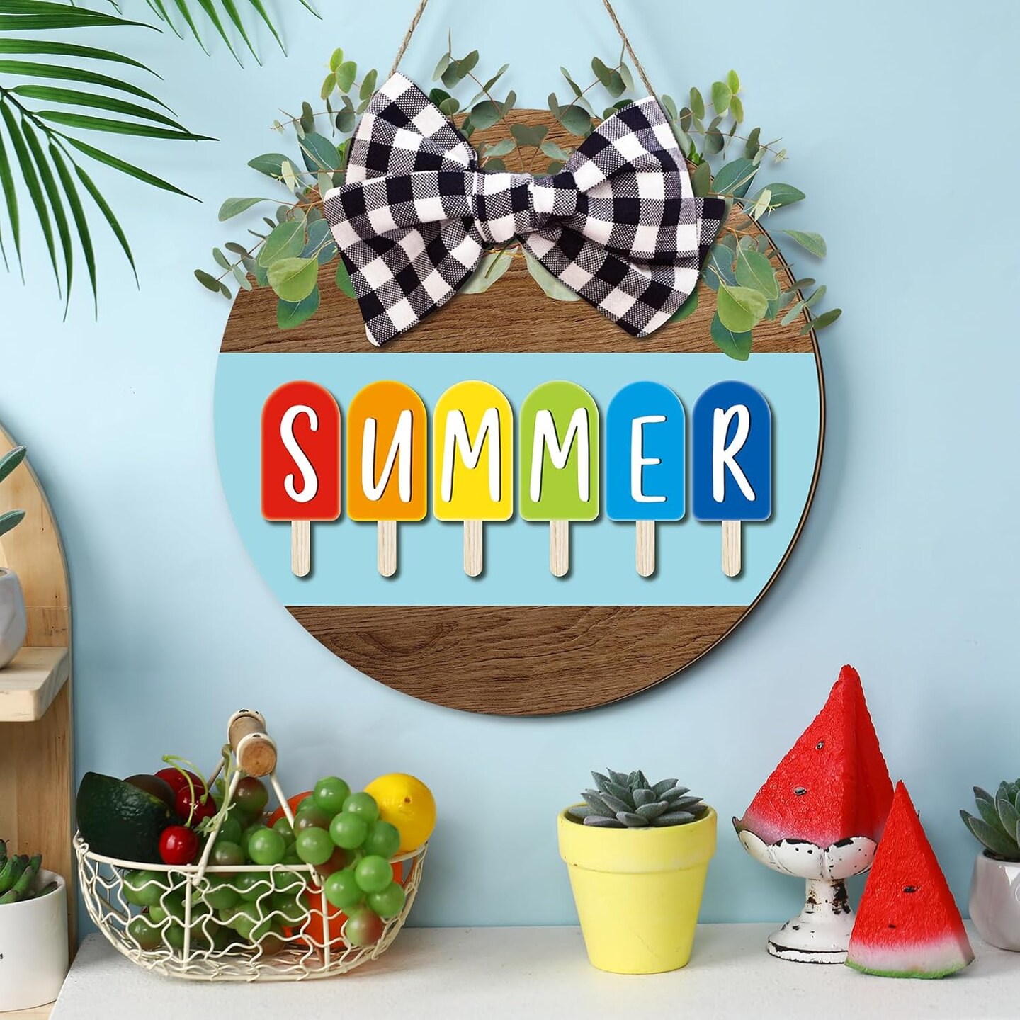 12 x 12 Inch Hello Summer Door Sign Ice Cream Welcome Summer Wreath Decor Beach Hanging Door Hanger Farmhouse Decorations for Wall Front Porch Decor(Ice Lolly)