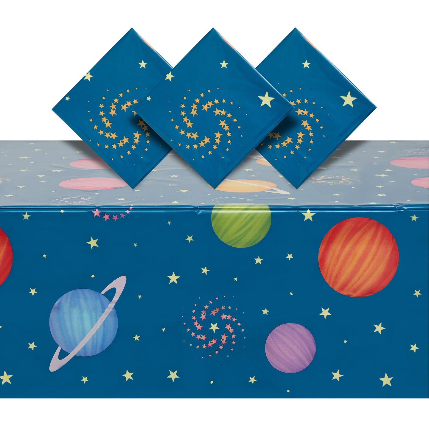 3 Pack Plastic Outer Space Tablecloths, Disposable Planets Table Covers for Galaxy Birthday Party Decorations (54 x 108 In)