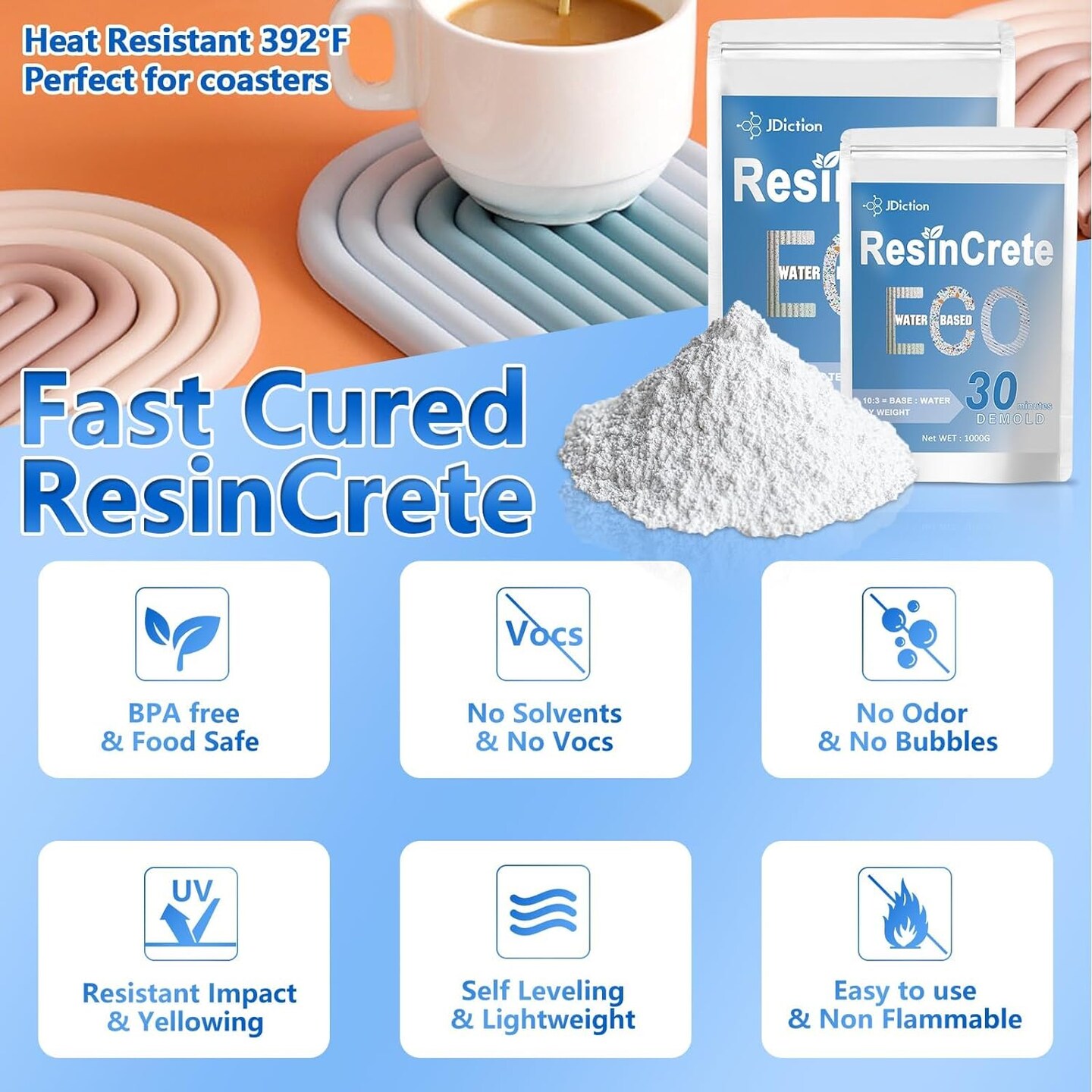 JDiction ResinCrete, Water-Based Eco-Friendly Formula, 20-30 Minutes Demold Fast Curing Eco Casting for Beginners, Mineral Casting Powder, Easy Mix for DIY Home Art