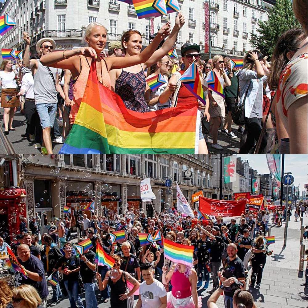 12Pcs Progress Rainbow Pride Flag 8x12 Inch Small Rainbow Flag on Stick, Mini Small Hand Held Pride Flags for LGBTQ Lesbian Gay Transgender, Perfect for Pride Events, Pride Month, Rainbow Festival (8×12 inch(12 Pcs))