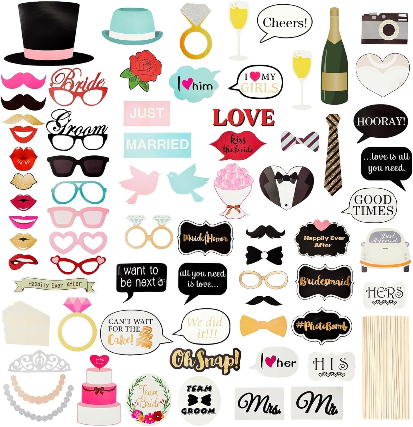 72 Pieces Wedding Photo Booth Props for Bridal Shower, Bachelorette Party, Photobooth Selfies, with Sticks and Stickers