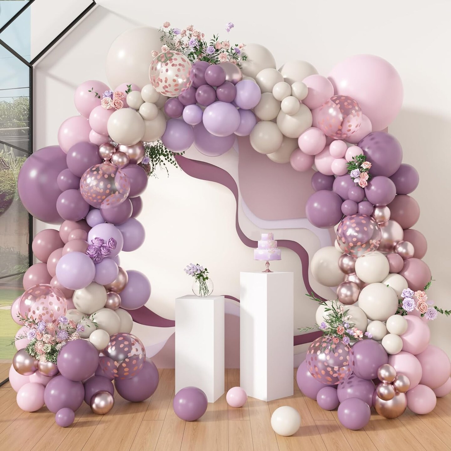 173Pcs Dusty Purple Balloon Arch Garland Kit, Double-stuffed Pink White Sand Lavender Lilac Light Purple Rose Gold Confetti Balloons for Baby Bridal Shower Wedding Birthday Party Decorations