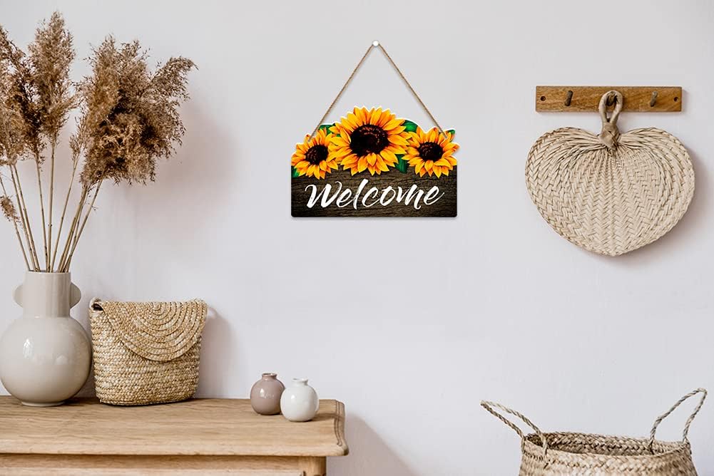 Welcome Sign for Front Door,8&#x22;x 12&#x22; Sunflower Welcome Sign,Rustic Summer Welcome Door Hanger,Welcome Sign for Front Porch Bedroom Living Room Indoor Outdoor Kitchen Home Decor