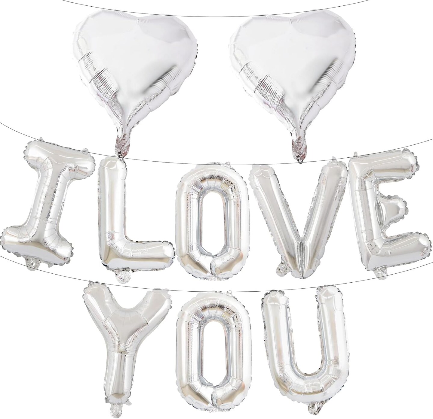 16in Silver 'I LOVE YOU' Balloon Banner with 2 Heart Foil Balloons – Romantic Party Decor