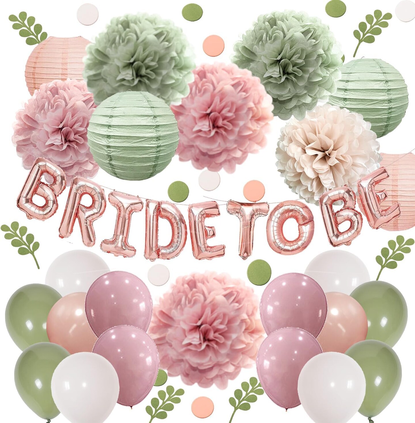 Bachelorette Decorations Pink Green- Bridal Shower Party Decor and Supplies Kit for Wedding With Foil Balloons Table Confetti Scatters Hanging Paper Lantern Tissue Flowers (Sage Green + Rose Pink)