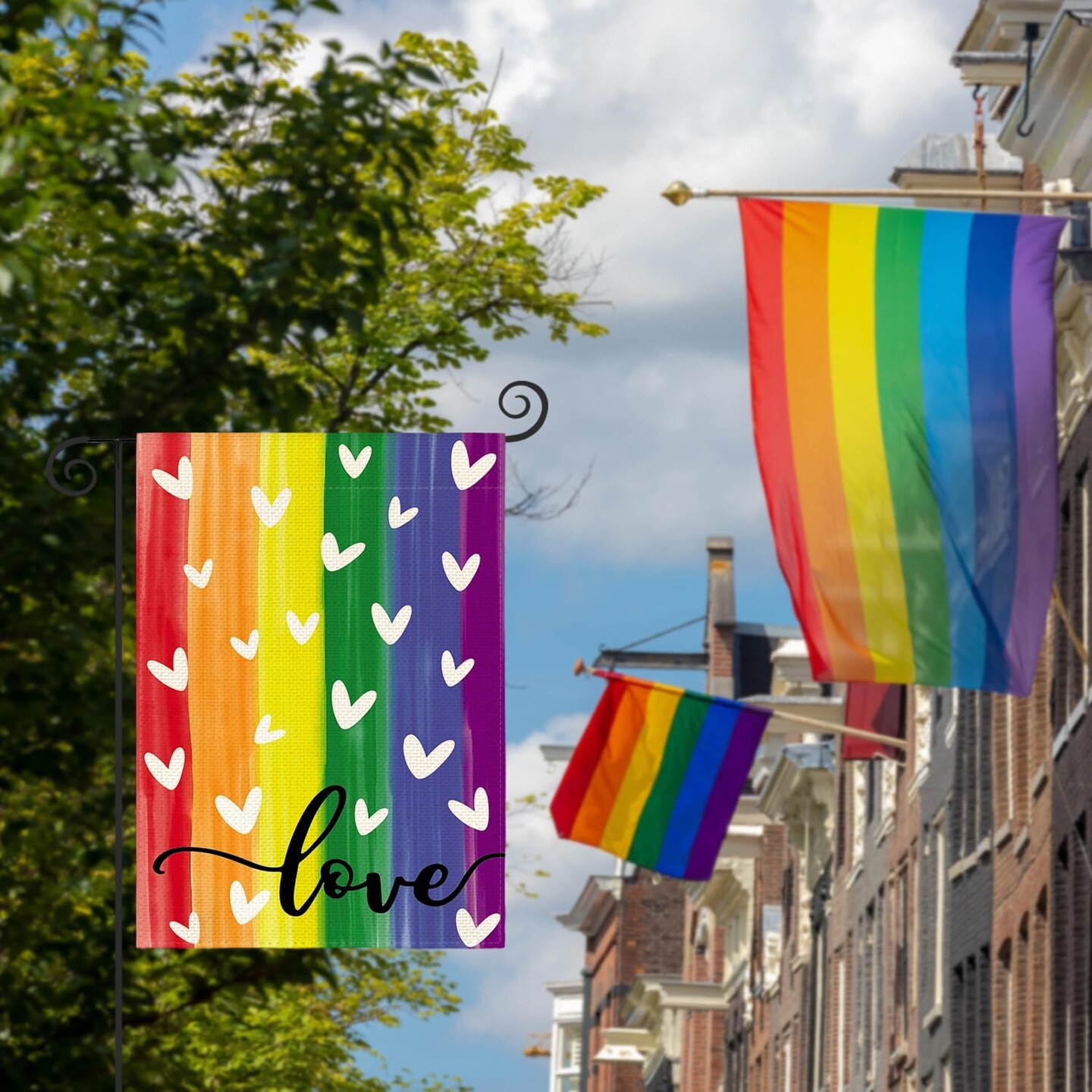 Pride Love Heart Rainbow Garden Flag 12x18 Inch Double Sided Outside, LGBTQ+ Progress Community Gay Lesbian Transgender Bisexual Yard Outdoor Decoration