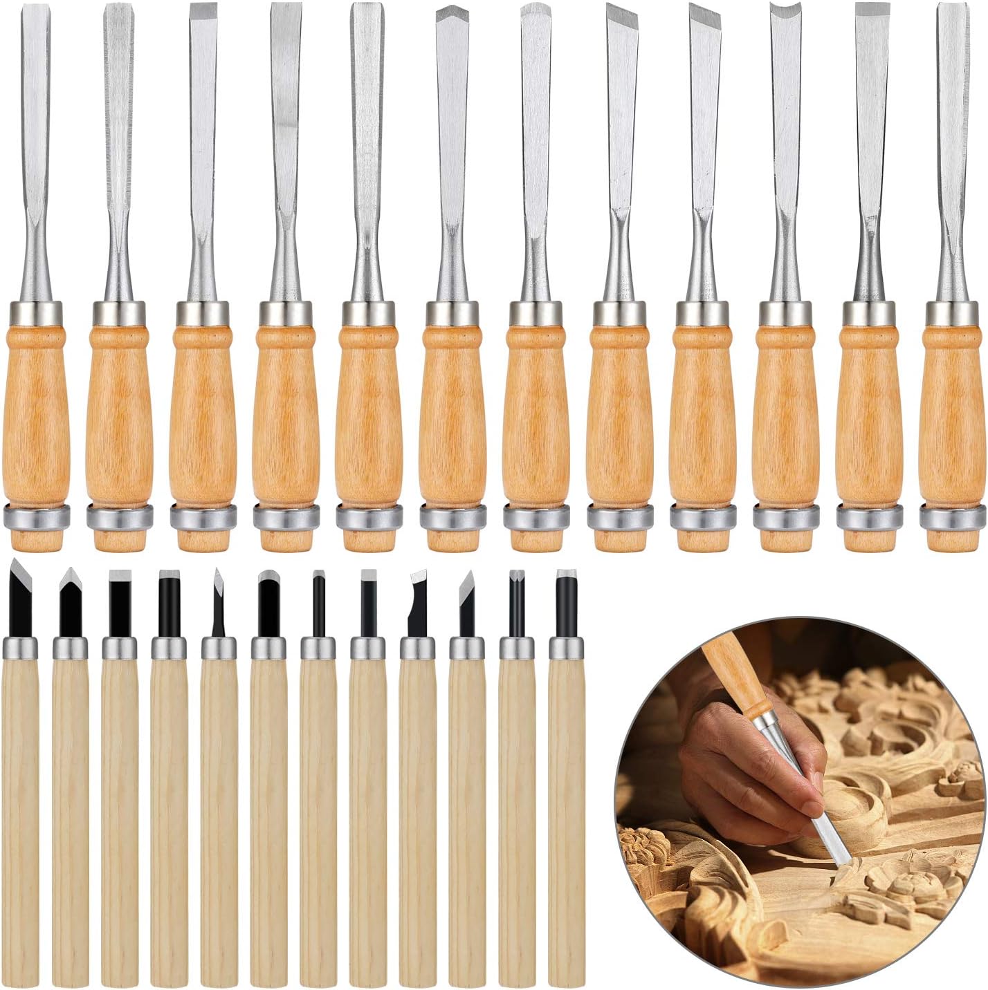 24Pcs Wood Carving Tools Chisel Set - Kit Including Small and Large Size Wood Carver Set