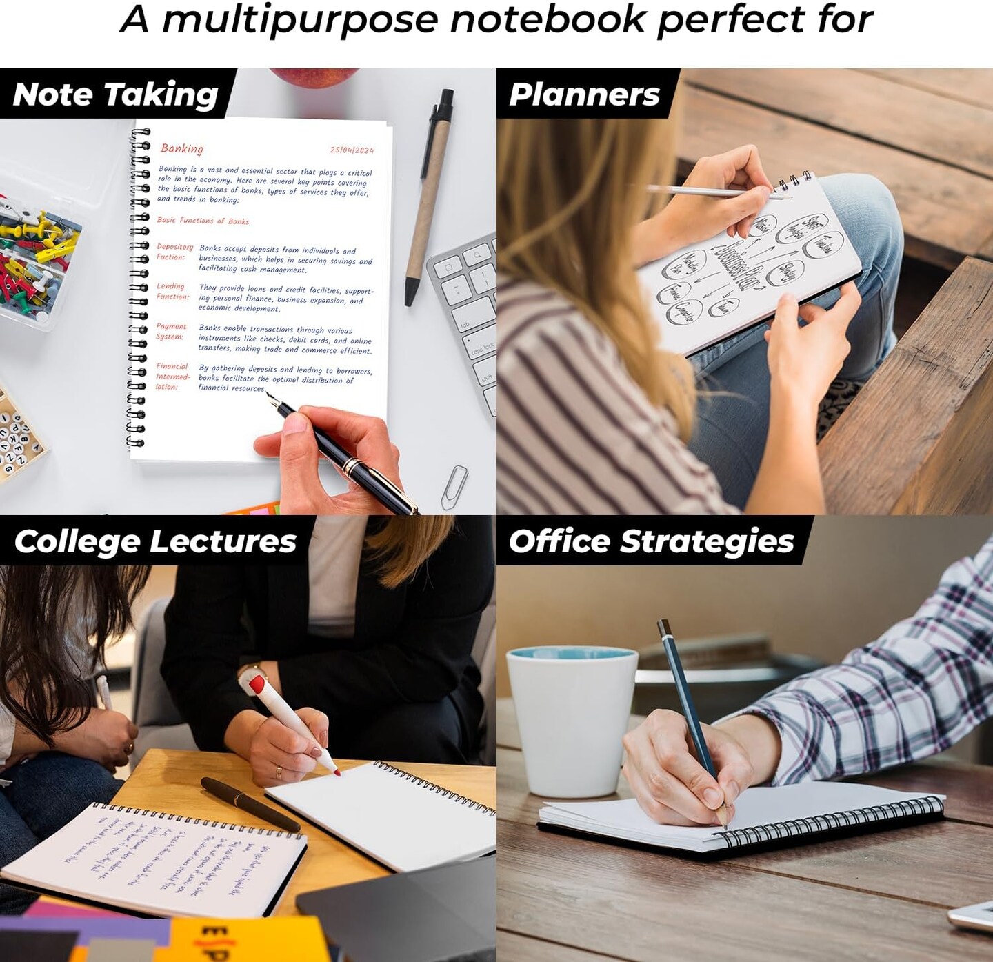 Unlined Spiral Notebook, 6 Pack, 8.3 x 5.8&#x22;, 120 Pages (60 Sheets), Thick Black Water Resistant Cover, Thick No-Bleed 100 GSM Blank Paper, A5 Unlined Notebook, Travel Journal, Small Blank Sketchbook