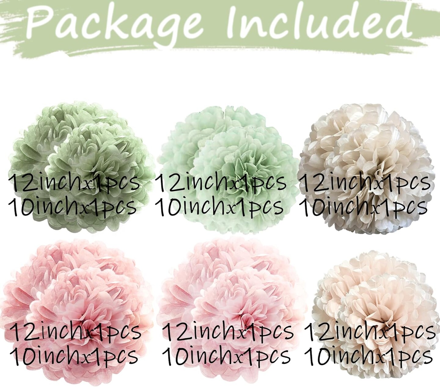 Tissue Paper Pom Poms Kit Decor -Rose Pink and Sage Green Paper Flowers 12pieces for Gender Baby Shower Wedding Bridal Bachelorette Birthday Party Decorations (Green + Pink)