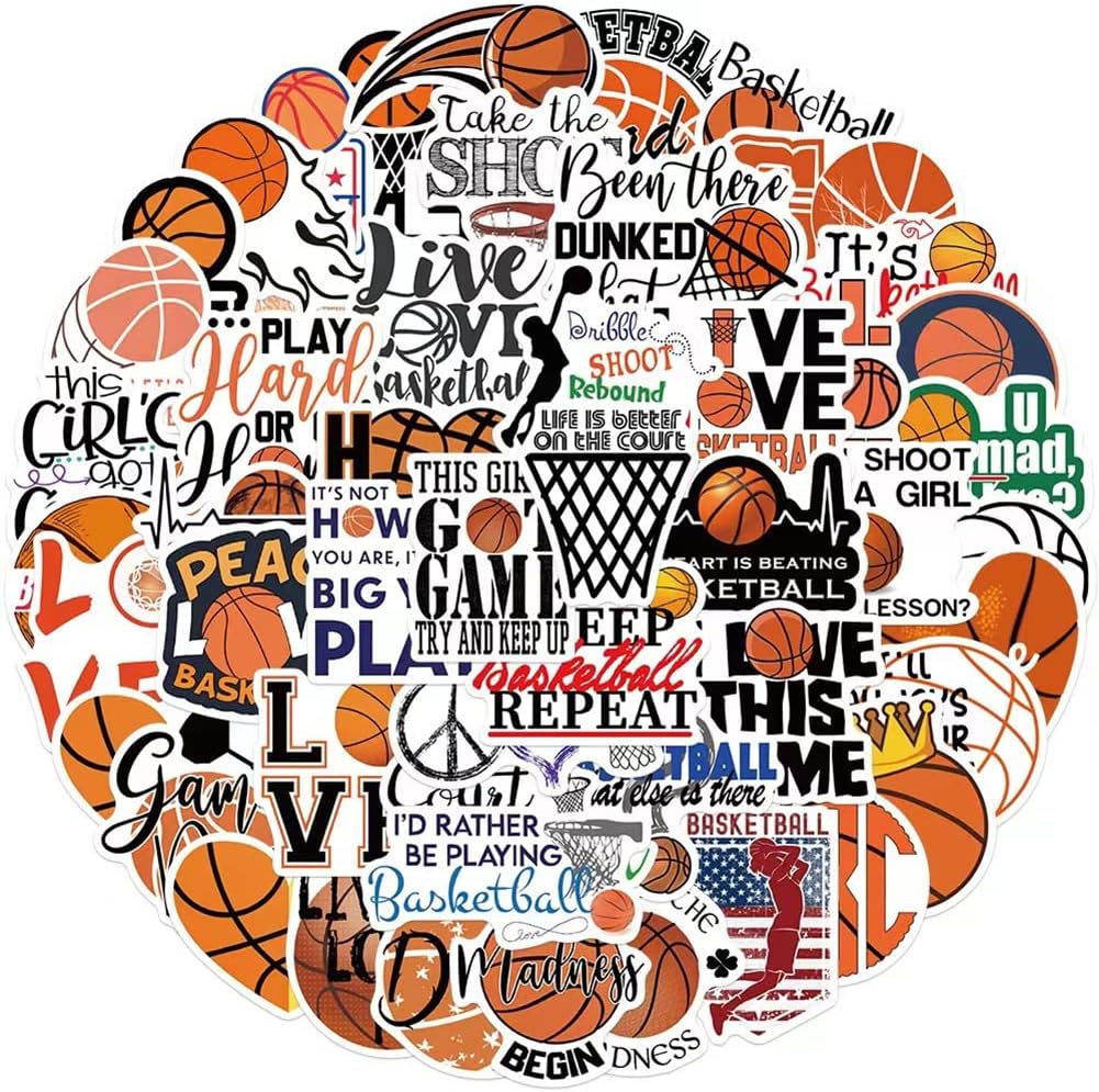 Basketball Stickers |50 Pcs Basketball Waterproof Vinyl Decals for Water Bottles Laptop Car Luggage Cup Computer Mobile Phone Skateboard D&#xE9;cor