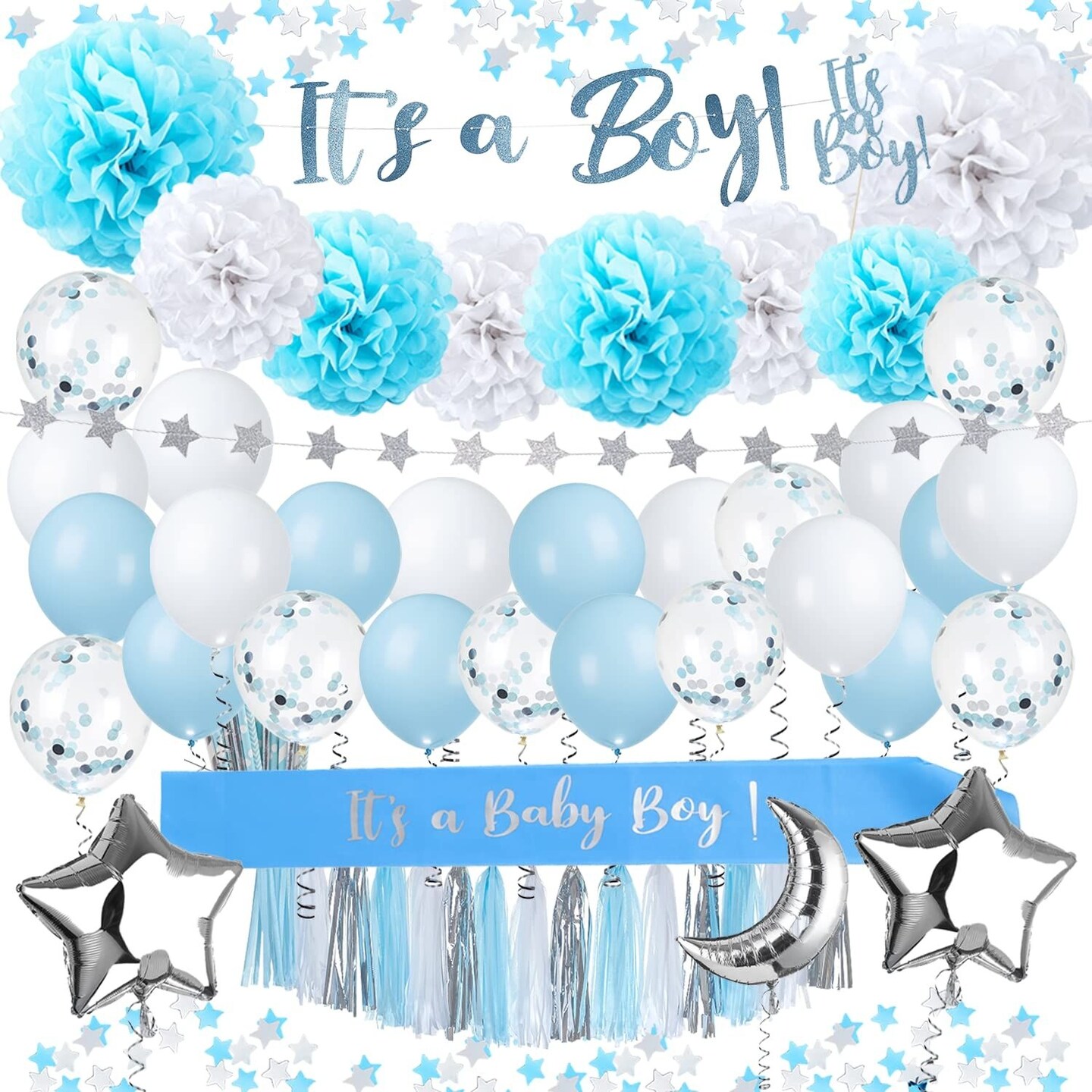 EpiqueOne 68-Piece &#x201C;It&#x2019;s A Boy&#x201D; Baby Shower Party Decor Kit | Includes a Banner, Tissue Paper Pom Pom, Rose Gold Balloons &#x26; More | Easy to Assemble | For Gender Reveal &#x26; Baby Shower Decorations
