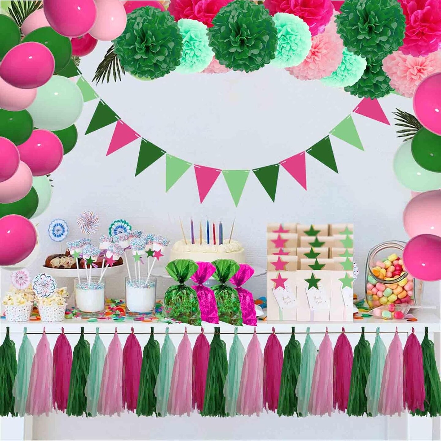 Green Pink Tissue Paper Pom Poms Decor-12PC Tissue Paper Flowers-Wall Hanging Decorations for Bachelorette, Neutral,Bridal,Baby Shower,Hawaiian Birthday Decorations 8,10, 12in