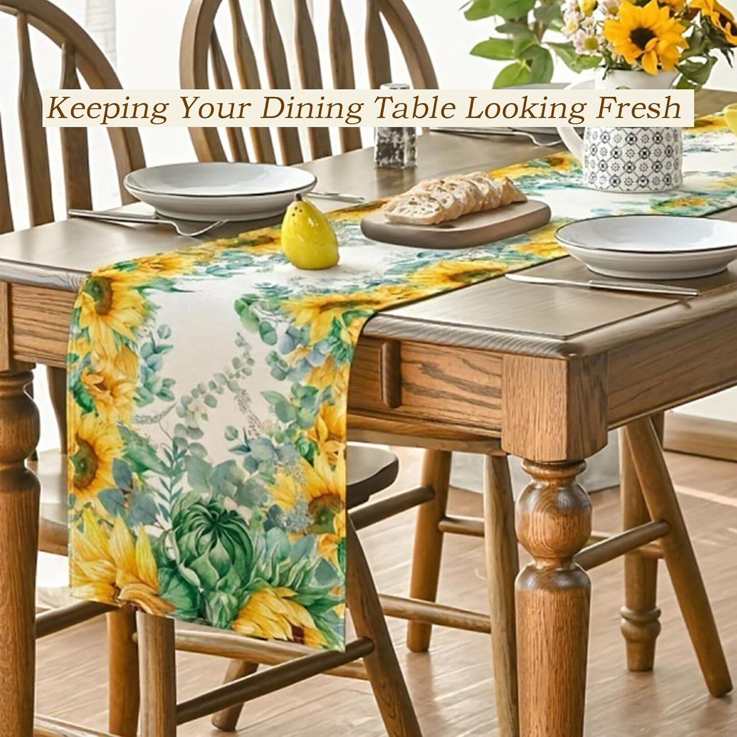 Summer Sunflower Table Runner - Eucalyptus Print Table Runners, Dining Table Decorations for Home or Party Farmhouse Spring Flower Tablecloth (Table Runner,13''×47'')