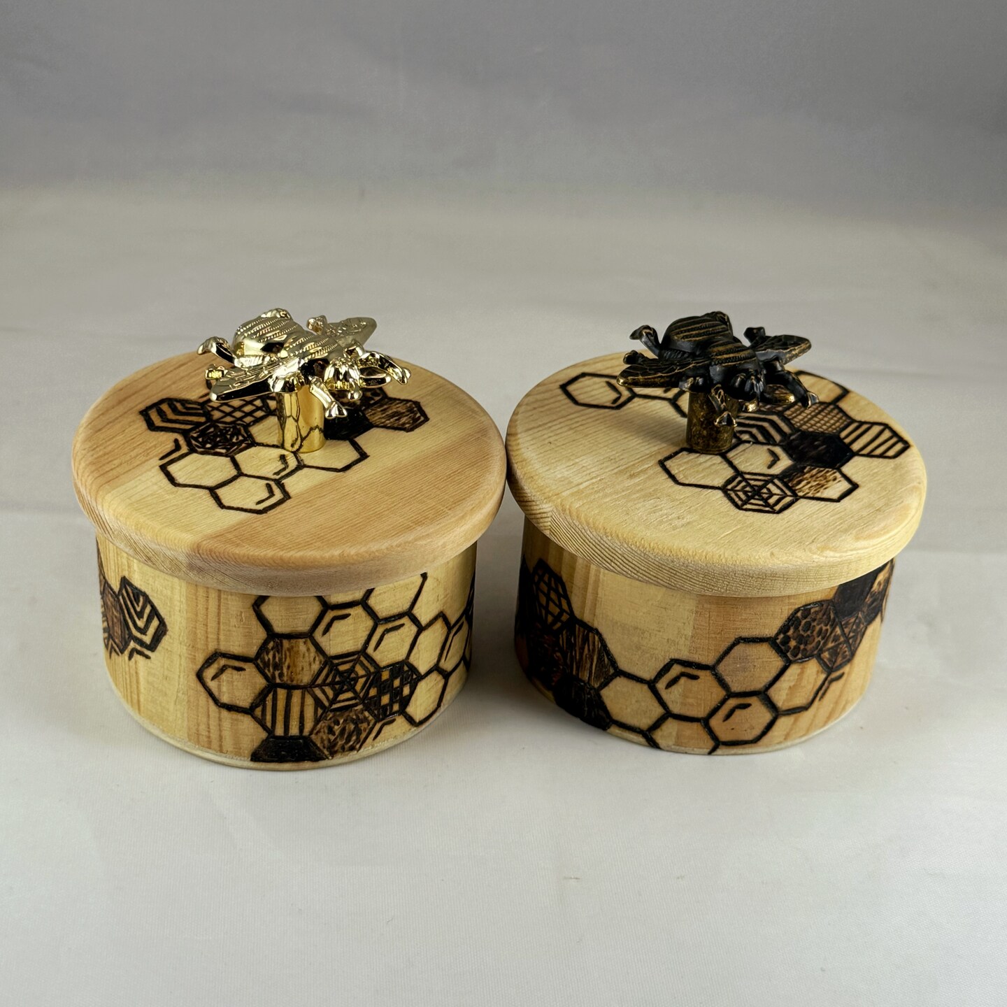 Honeybee Honeycomb Wood Burned Trinket Box with Bee Knob