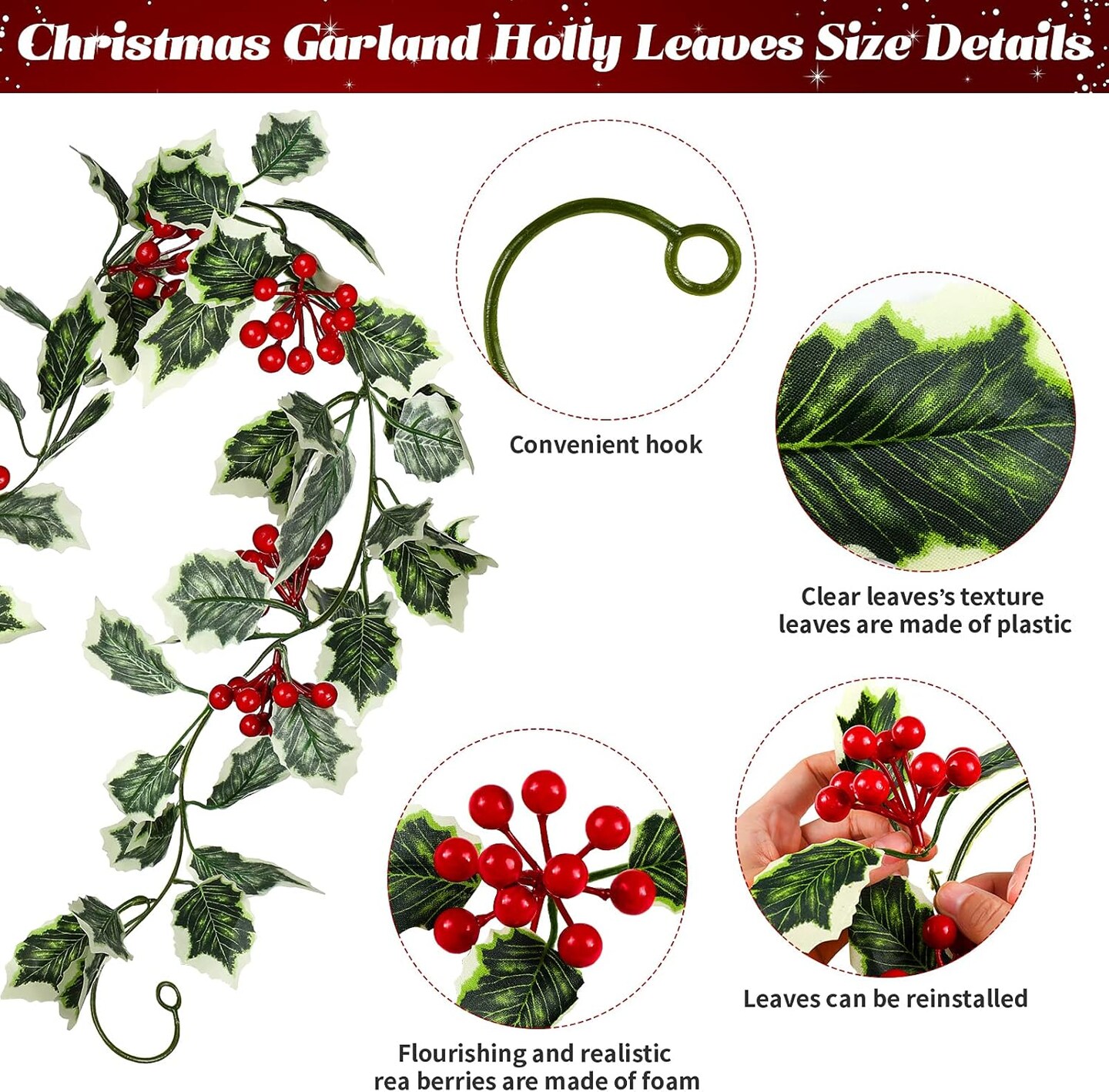 Christmas Holly Garland with Berries Artificial Garland(Green)