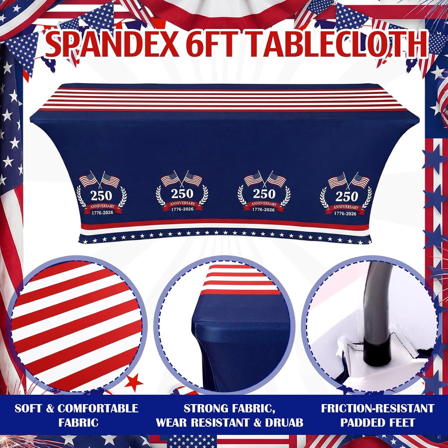 250th Anniversary Patriotic Stretch Table Cover Set – 2 Pack 6FT Spandex American Flag Tablecloths for 4th of July, Memorial Day & Veterans Day Party Decorations