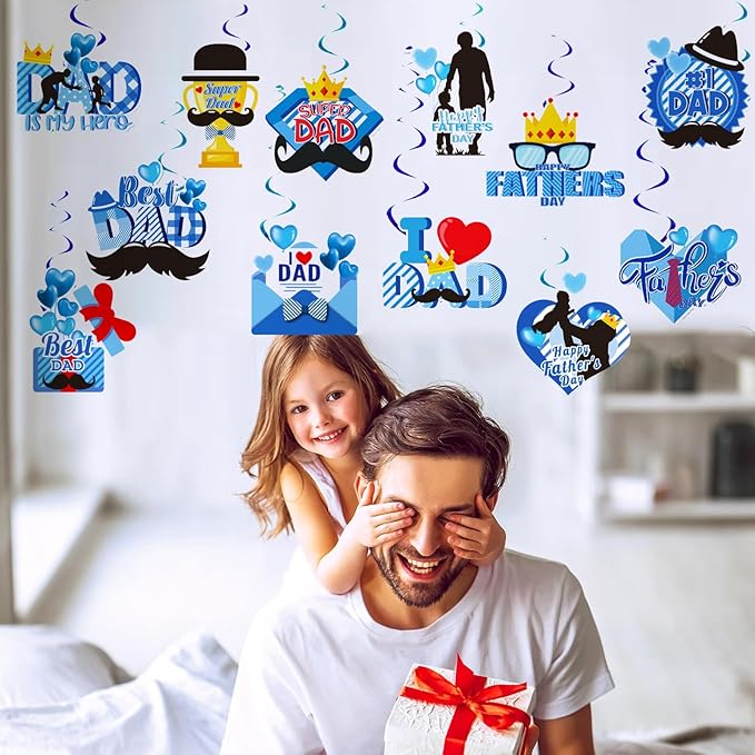 Happy Fathers Day Party Decorations Happy Fathers Day Party Banner Best Dad Ever Banner Hanging Swirls for Father's Day Party Supplies, Blue