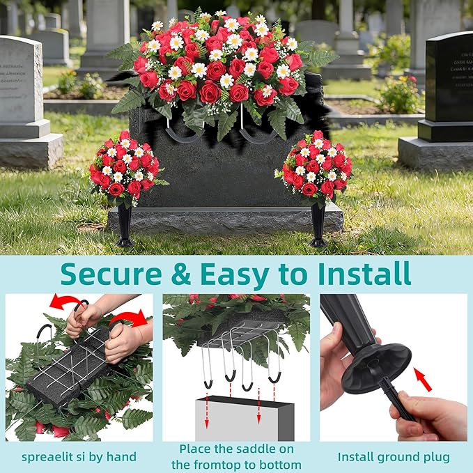 3Sets Cemetery Decorations for Grave Large Headstone Flower Saddle Grave Silk Flowers with Vases for Outdoor Grave Decoration(Red)