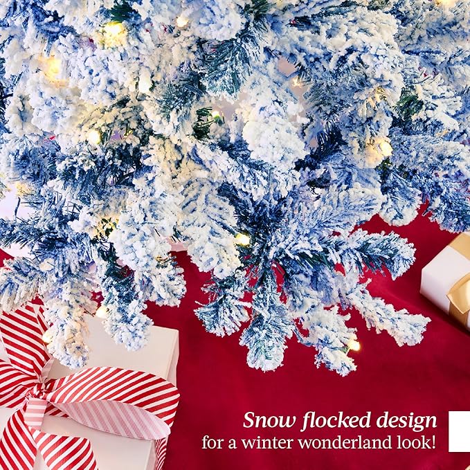 Snow Flocked Christmas Tree Full Pine with 250 White &#x26; Multicolor LED Lights, 928 Tips &#x26; Foot Switch Control