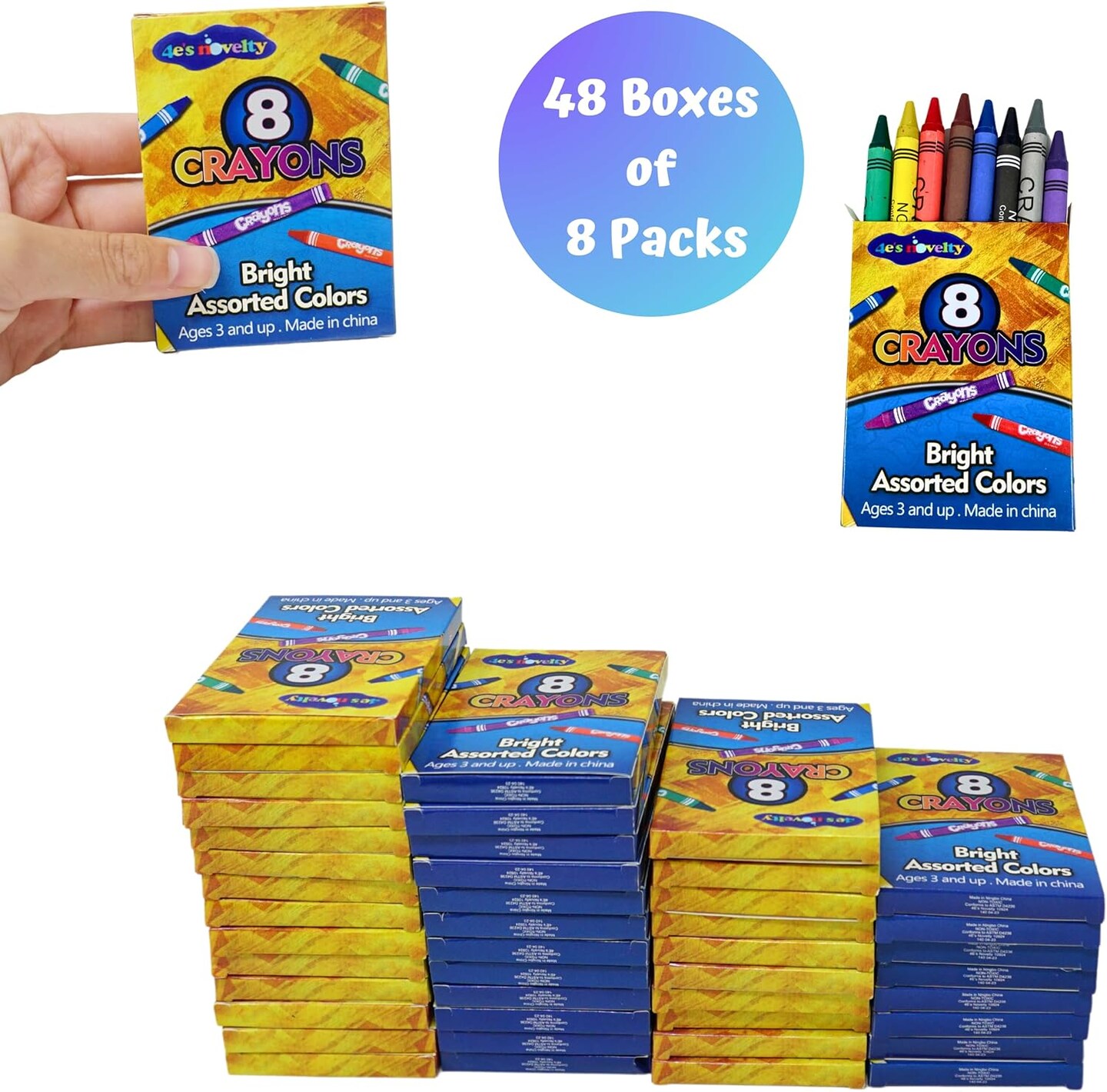 4E's Novelty 48 Boxes of 8 Packs Bulk Crayons for Kids,Non-Toxic Crayons Bulk Classpack Colors for Kids, Ideal School Supplies for Teachers & Students