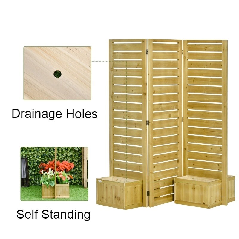 Brown Fir Wood 3-Panel Privacy Screen with 4 Built-in Planters
